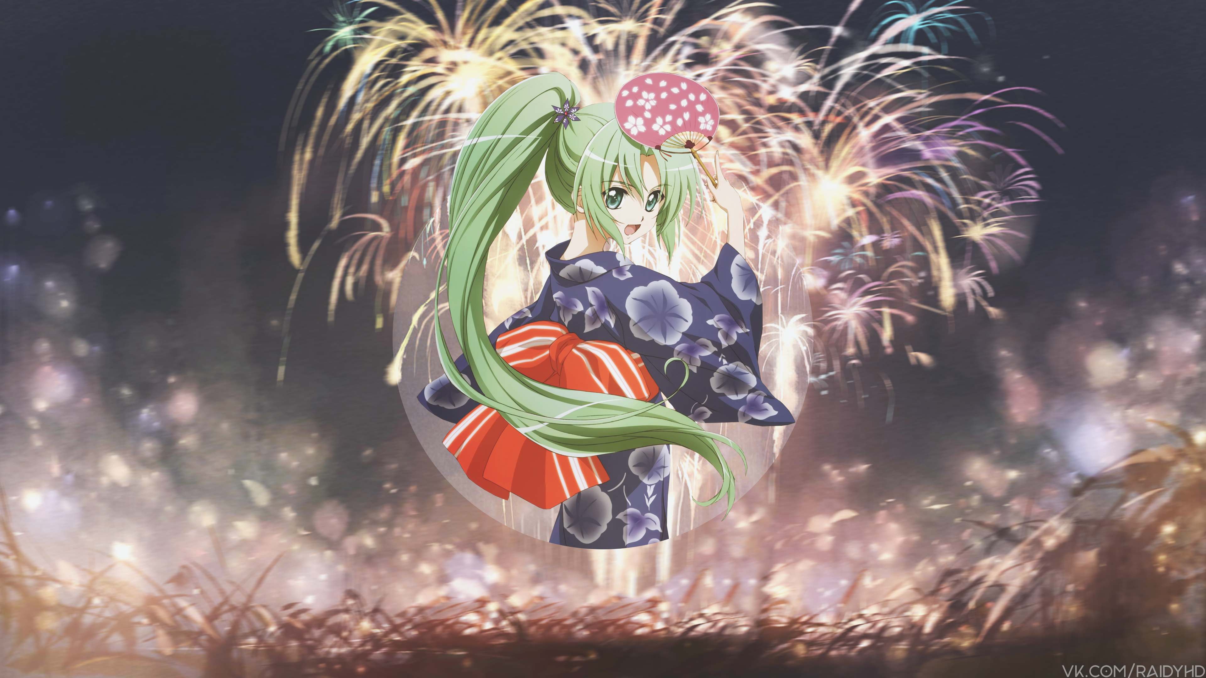 Anime girl in yukata with fireworks HD Wallpaper