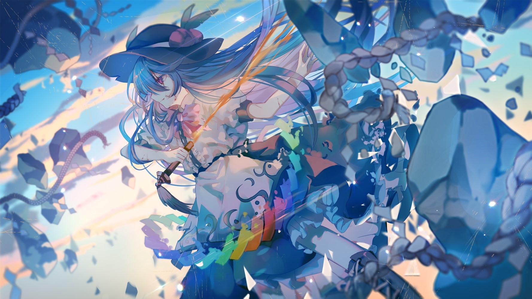 Hinanawi Tenshi from Touhou with blue hair and hat HD Wallpaper