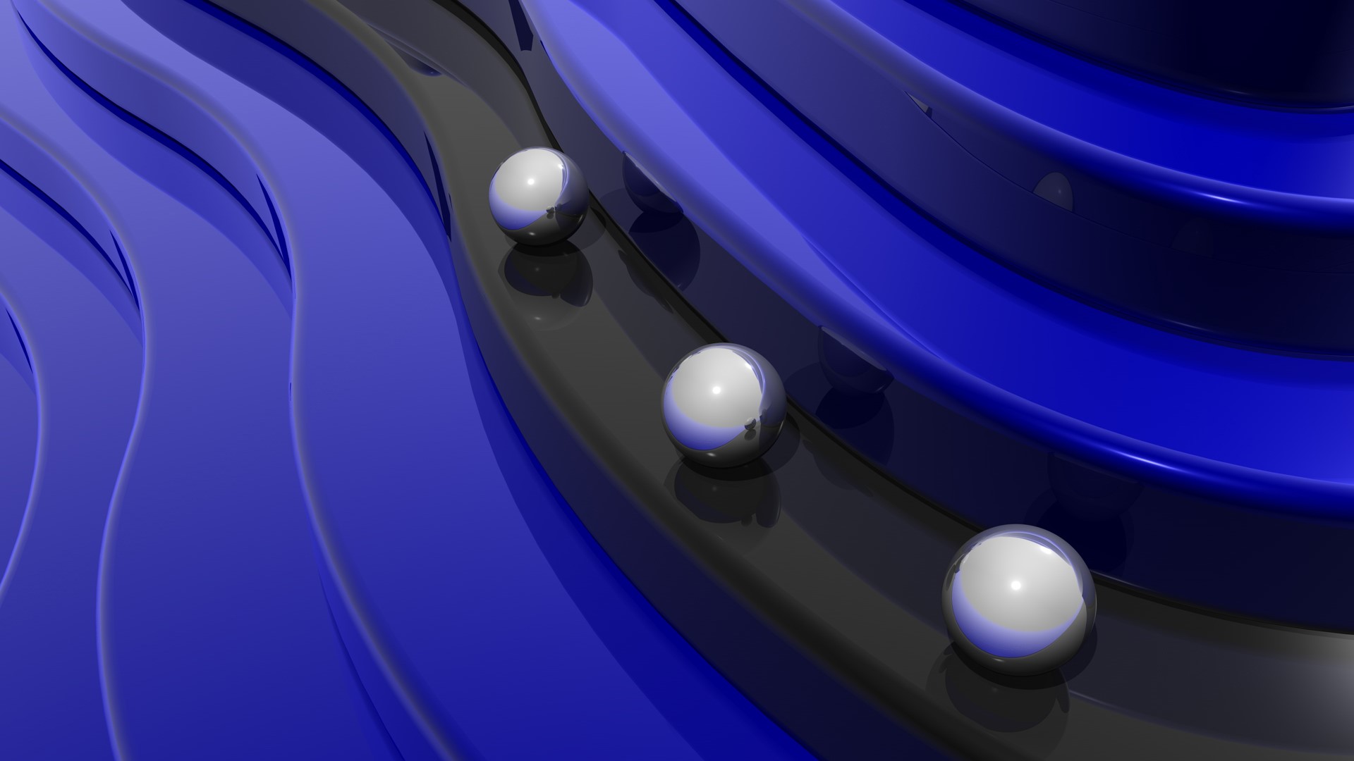 Abstract 3D render of chrome spheres on blue and black wavy tracks HD Wallpaper