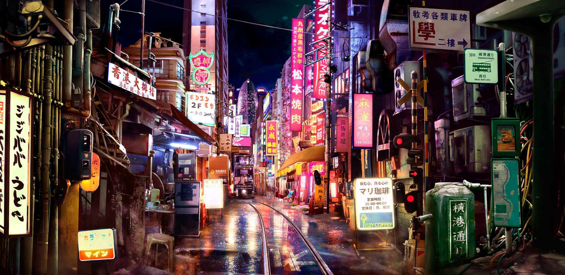 Neon-lit Asian street with tram tracks at night HD Wallpaper