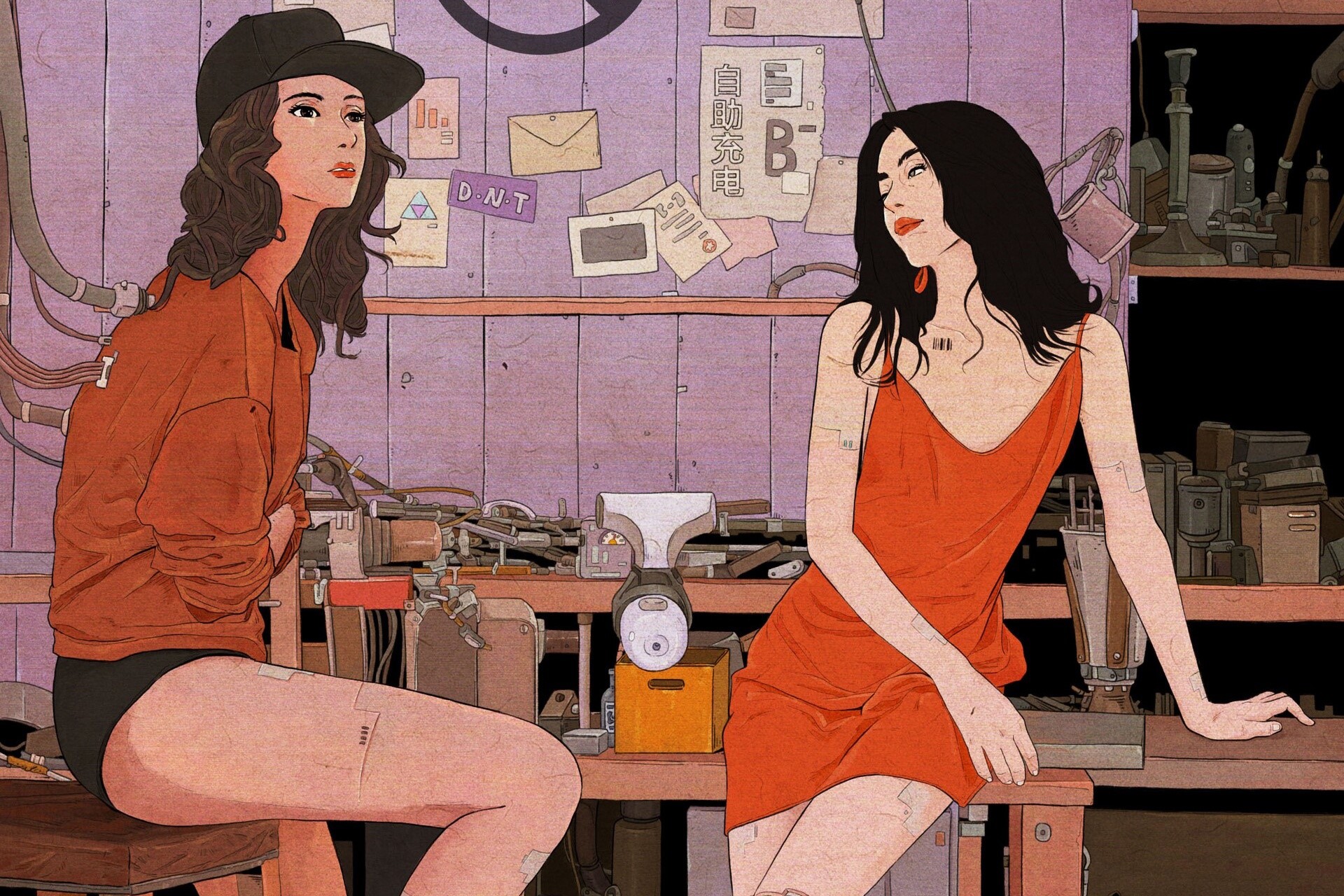 Two women in a workshop with tools and equipment HD Wallpaper