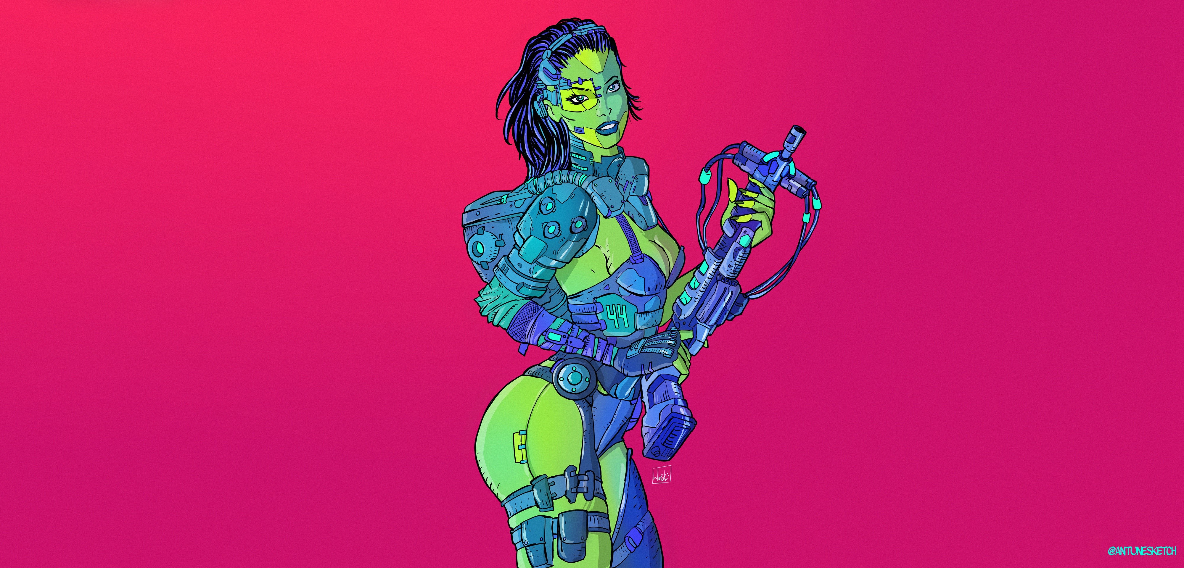 Artwork of a cyborg woman with a gun HD Wallpaper