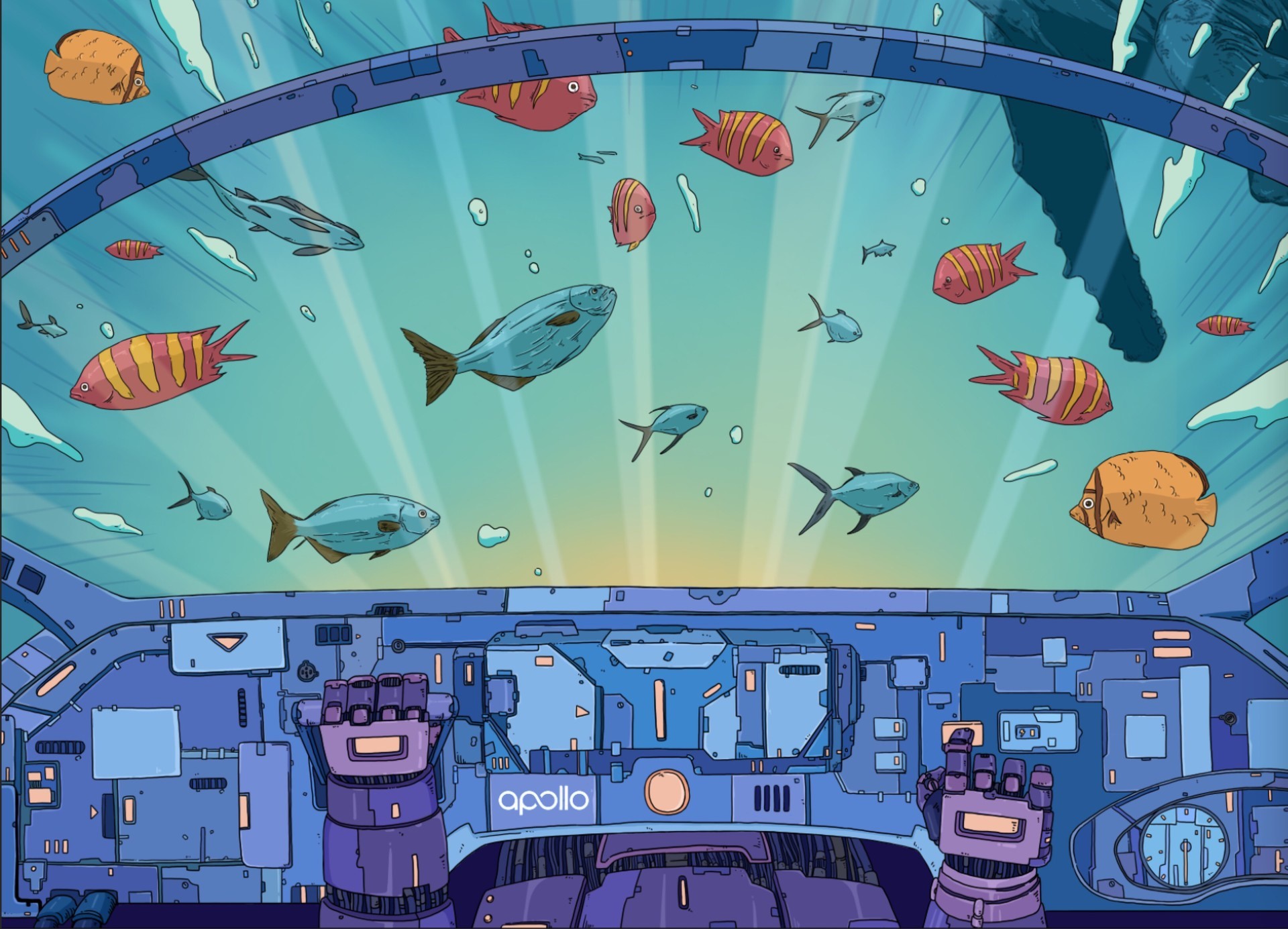 Robot piloting a vehicle through an aquarium HD Wallpaper