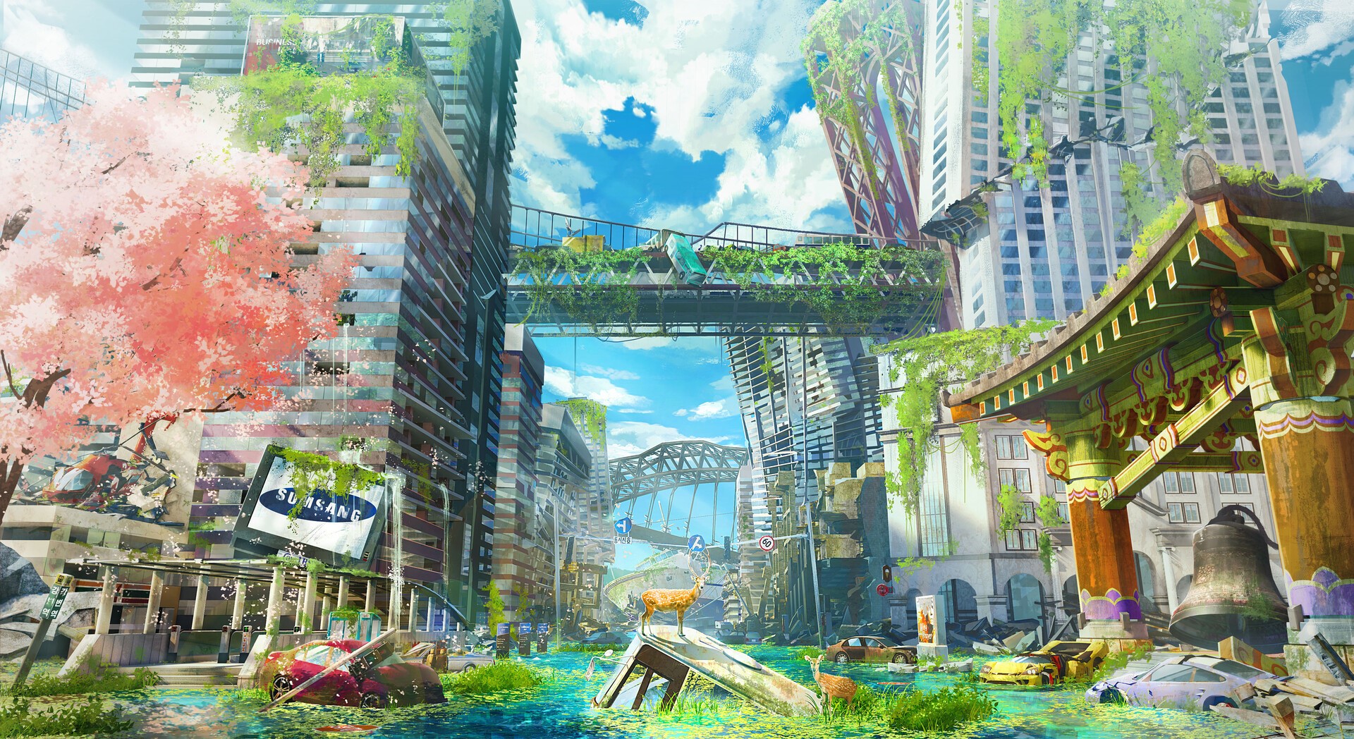 Post-apocalyptic cityscape with overgrown buildings and flooded streets HD Wallpaper