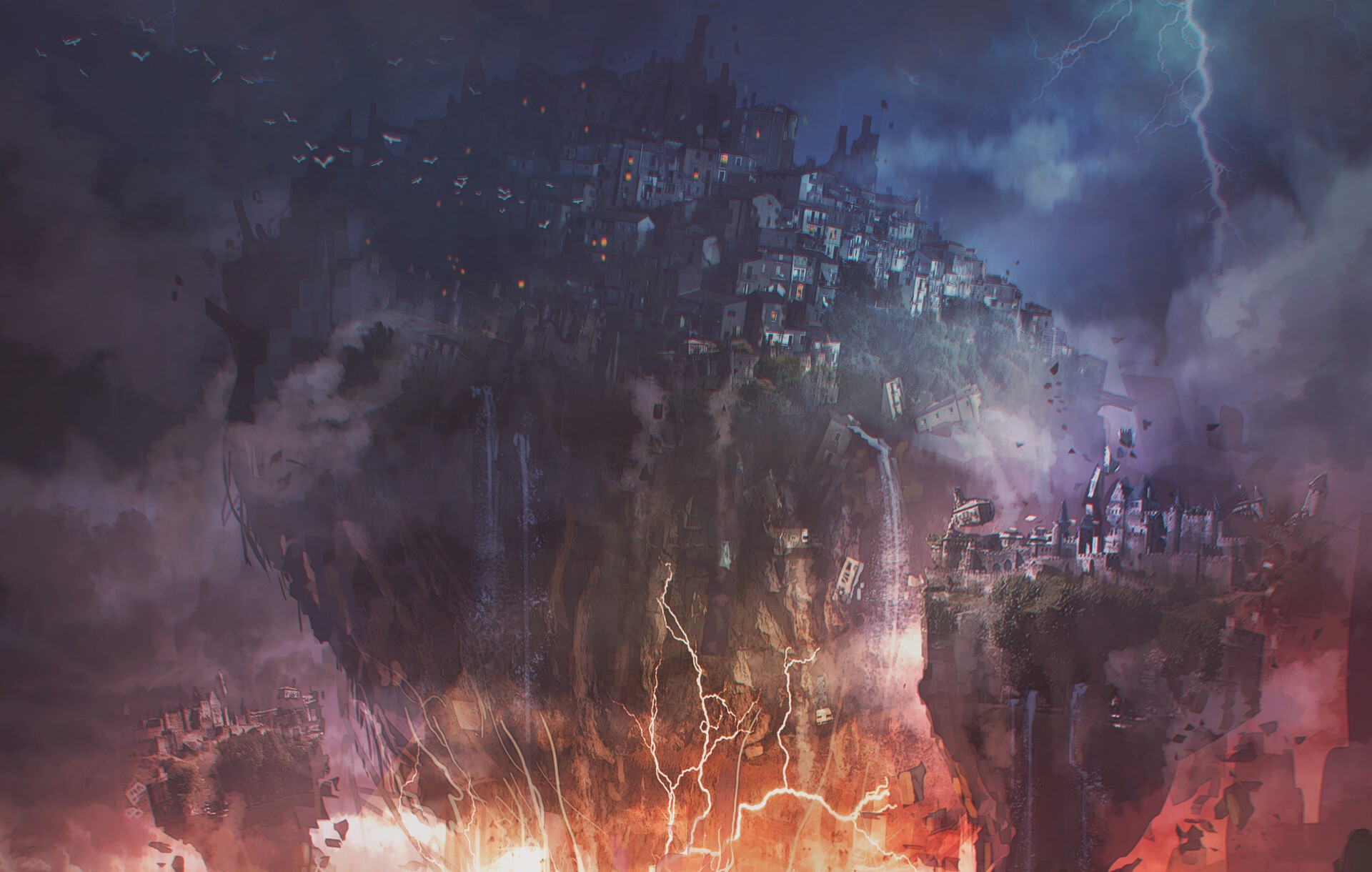 Fantasy city on a floating island during a storm HD Wallpaper