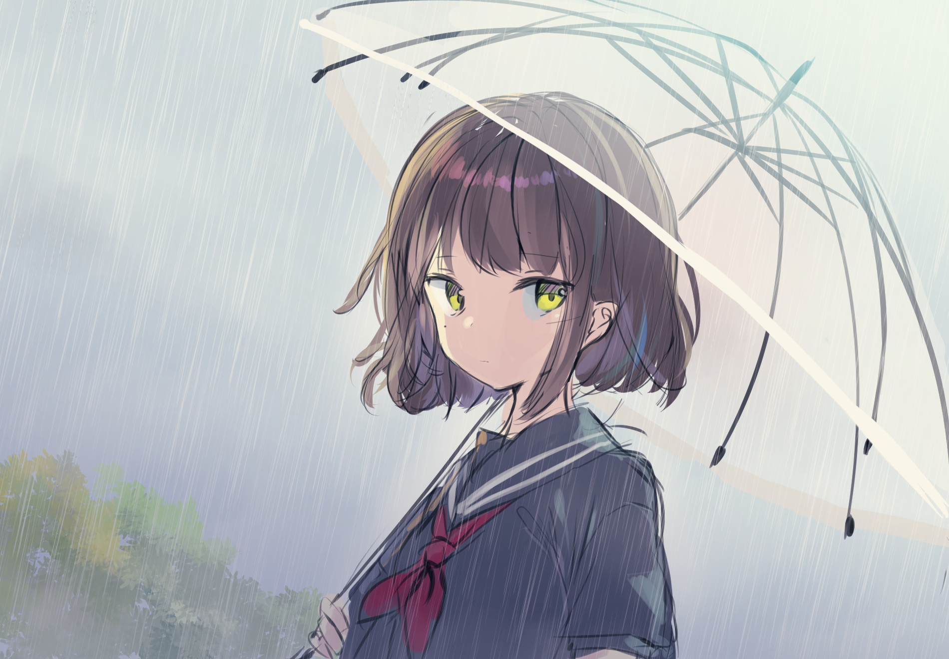 Anime girl with umbrella in the rain HD Wallpaper