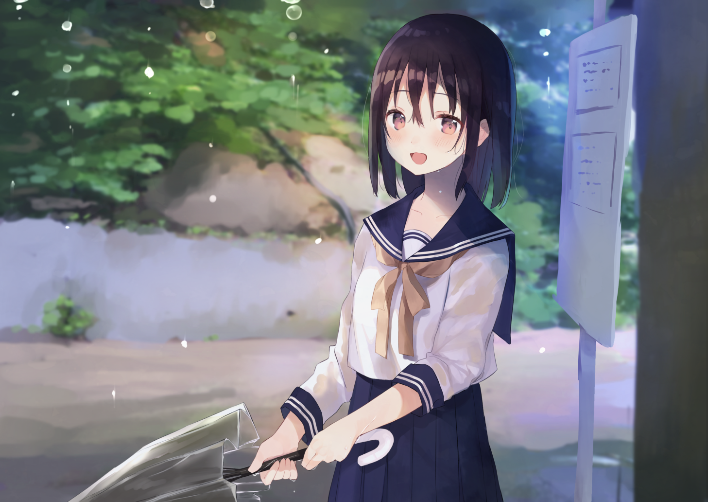 Anime girl in school uniform holding umbrella in rain HD Wallpaper