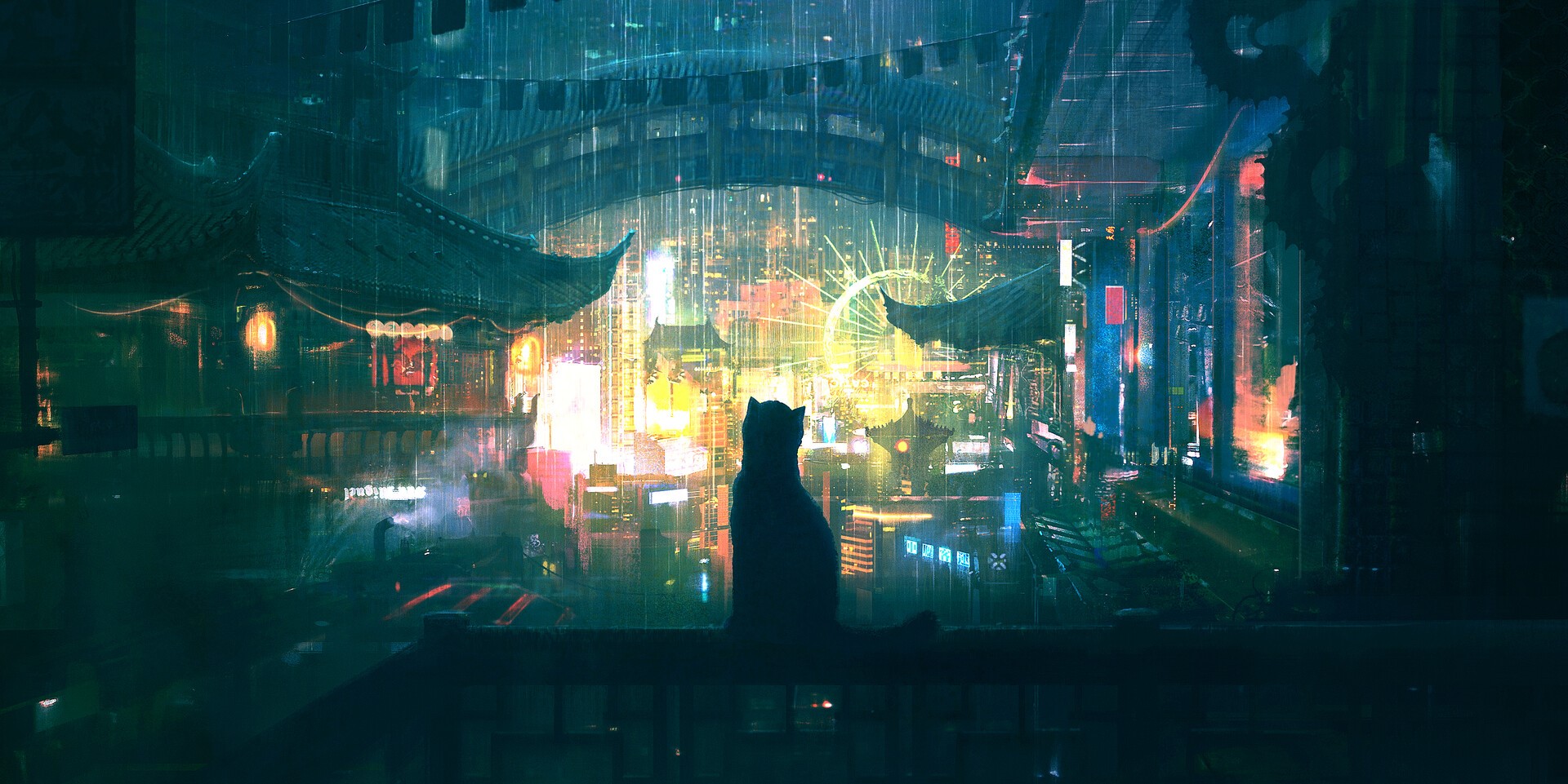 Cat silhouetted on a balcony overlooking a rainy cyberpunk city HD Wallpaper