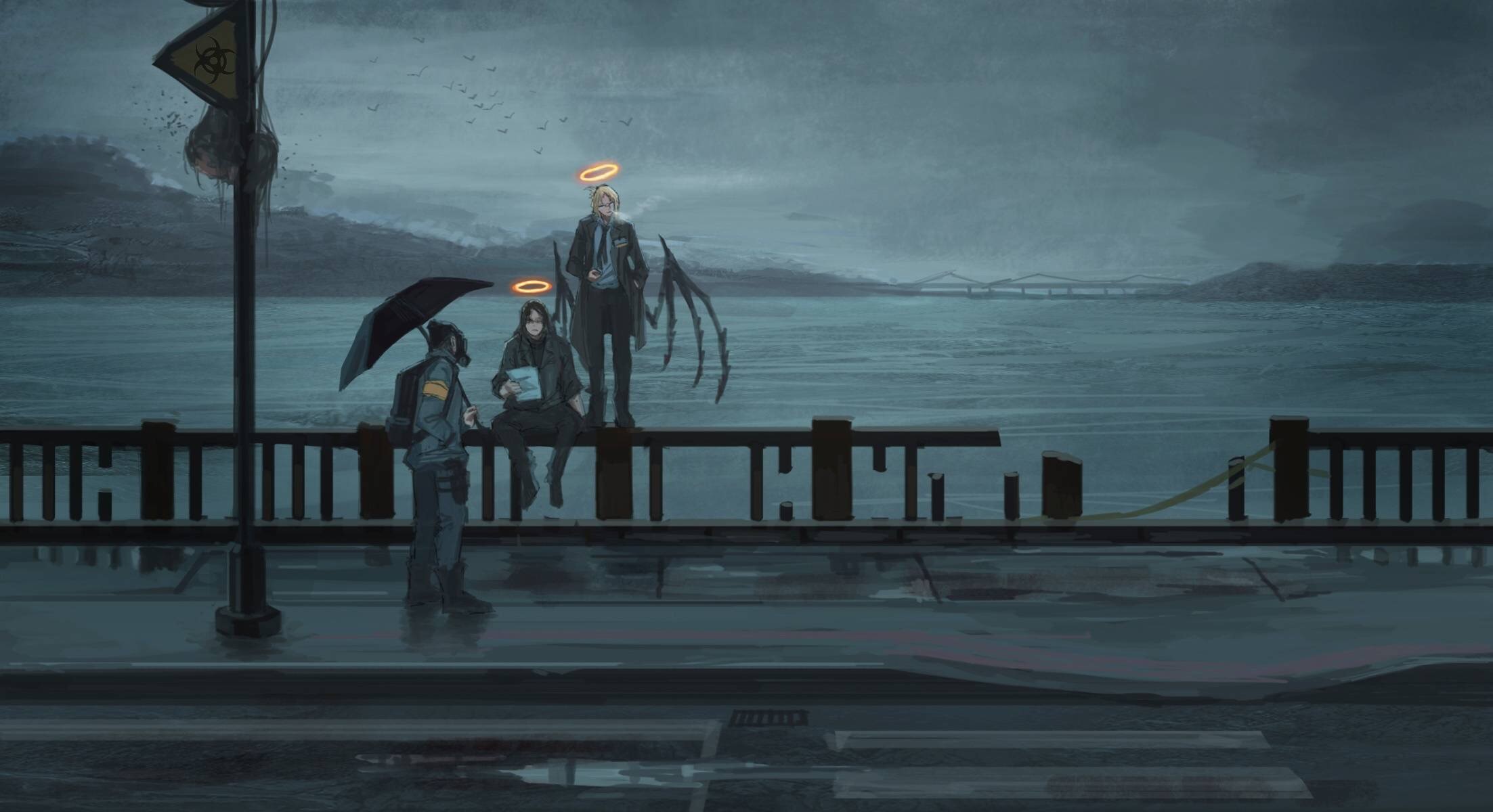 Anime artwork of three figures by the water HD Wallpaper