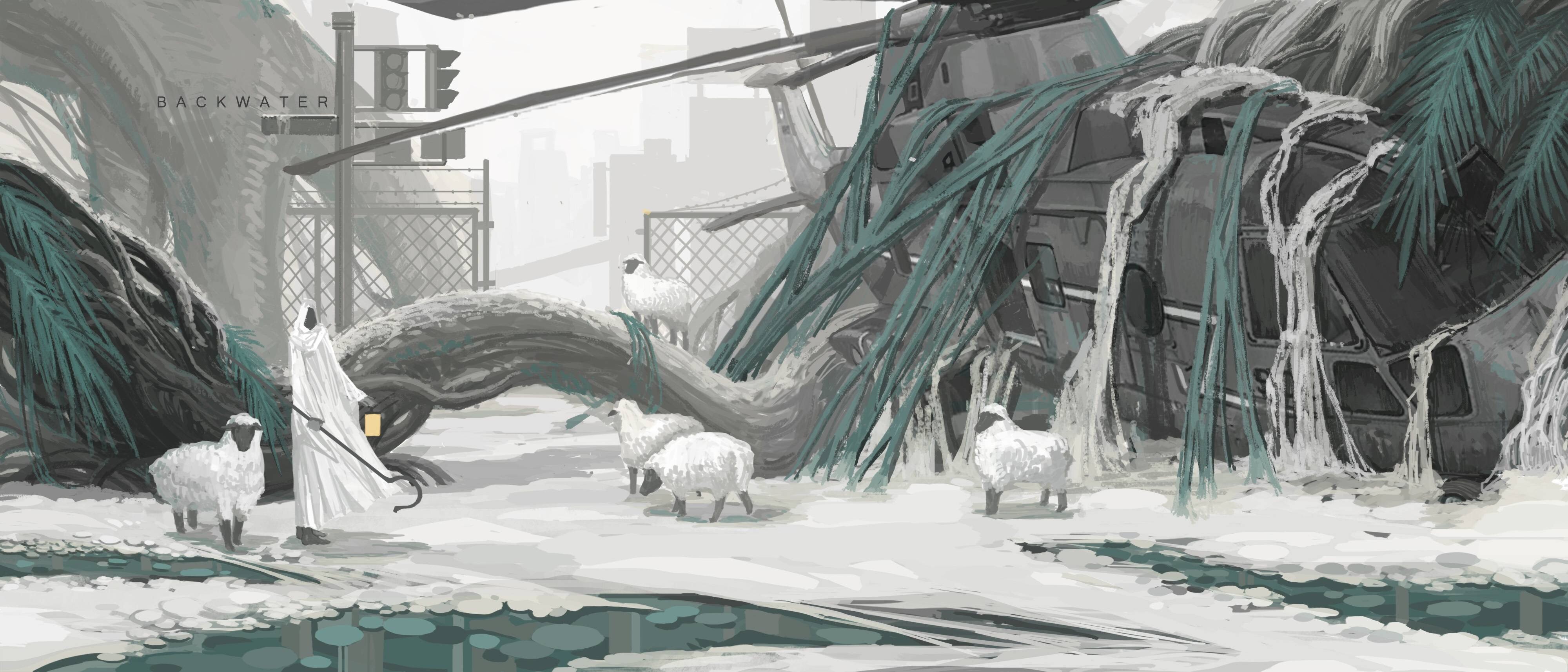 Backwater anime artwork of sheep and a robed figure near a helicopter wreck HD Wallpaper