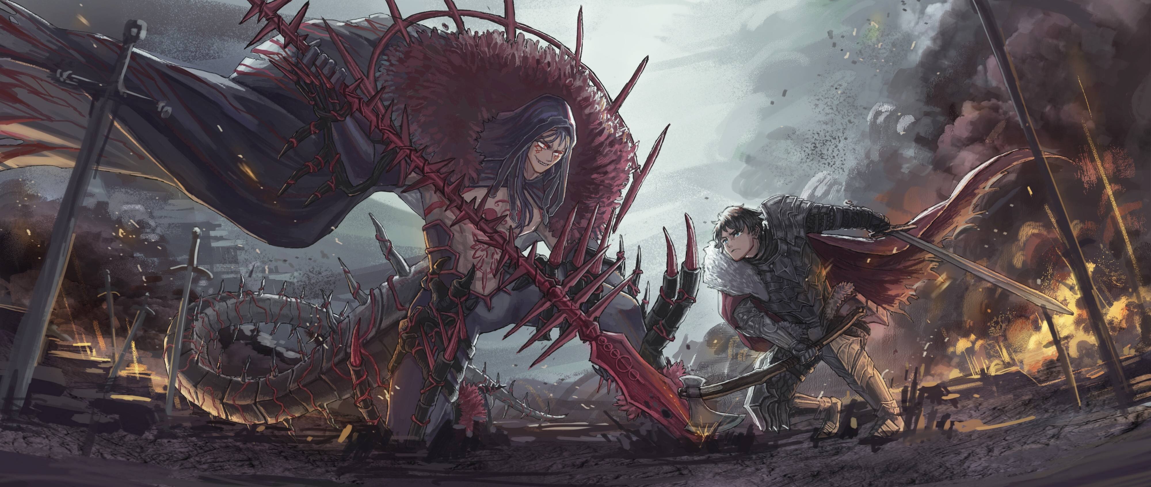 Fantasy art of a warrior fighting a monstrous creature HD Wallpaper