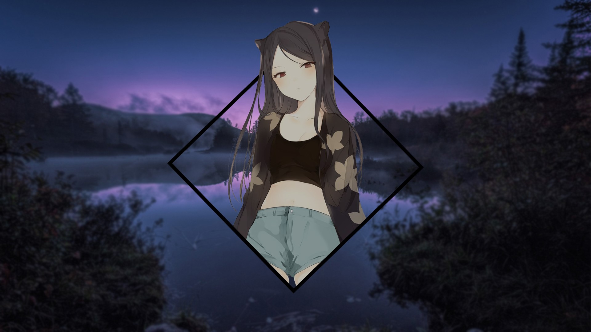 Anime girl with cat ears in a diamond frame HD Wallpaper