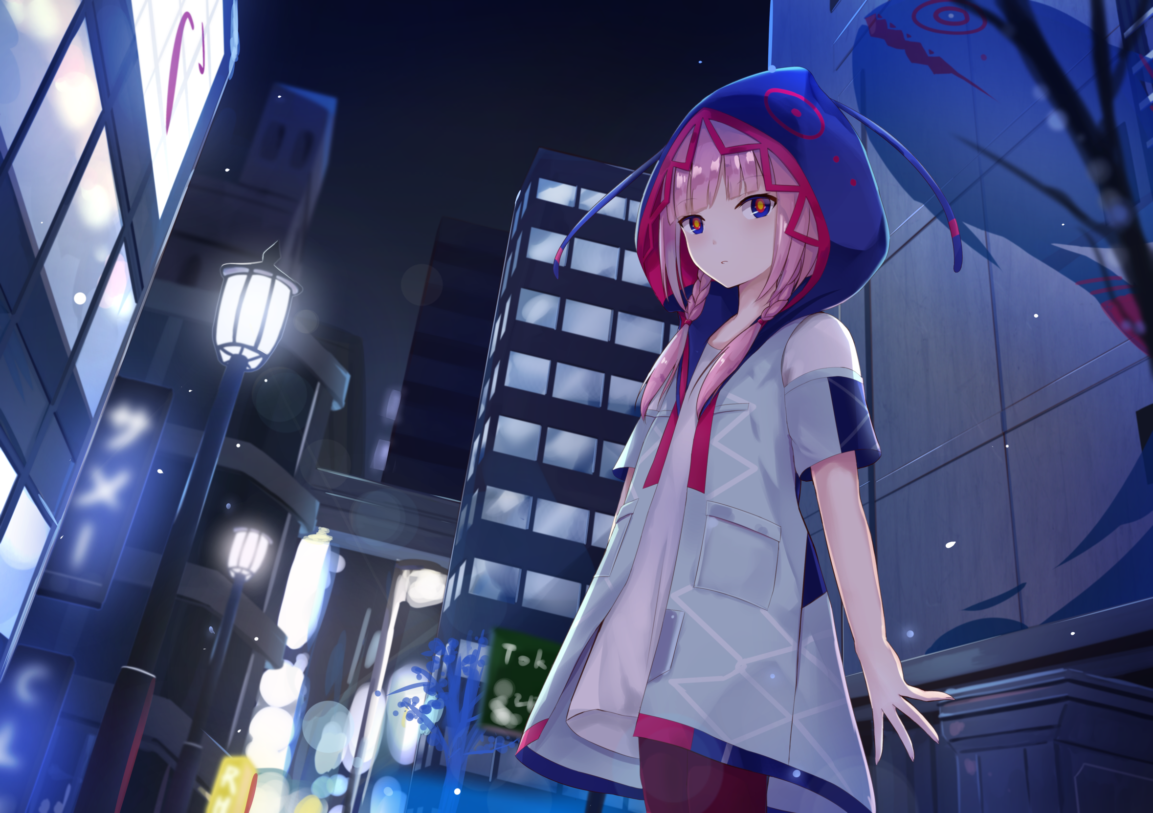Anime girl with pink hair in a city at night HD Wallpaper