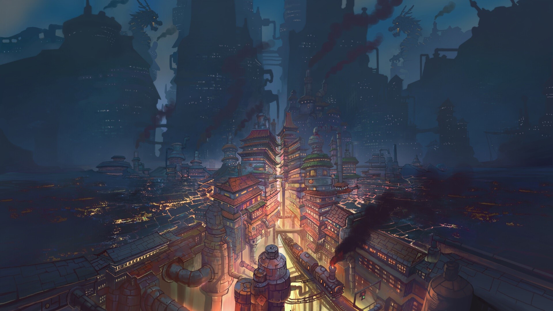 Fantasy city with dragons and trains at night HD Wallpaper