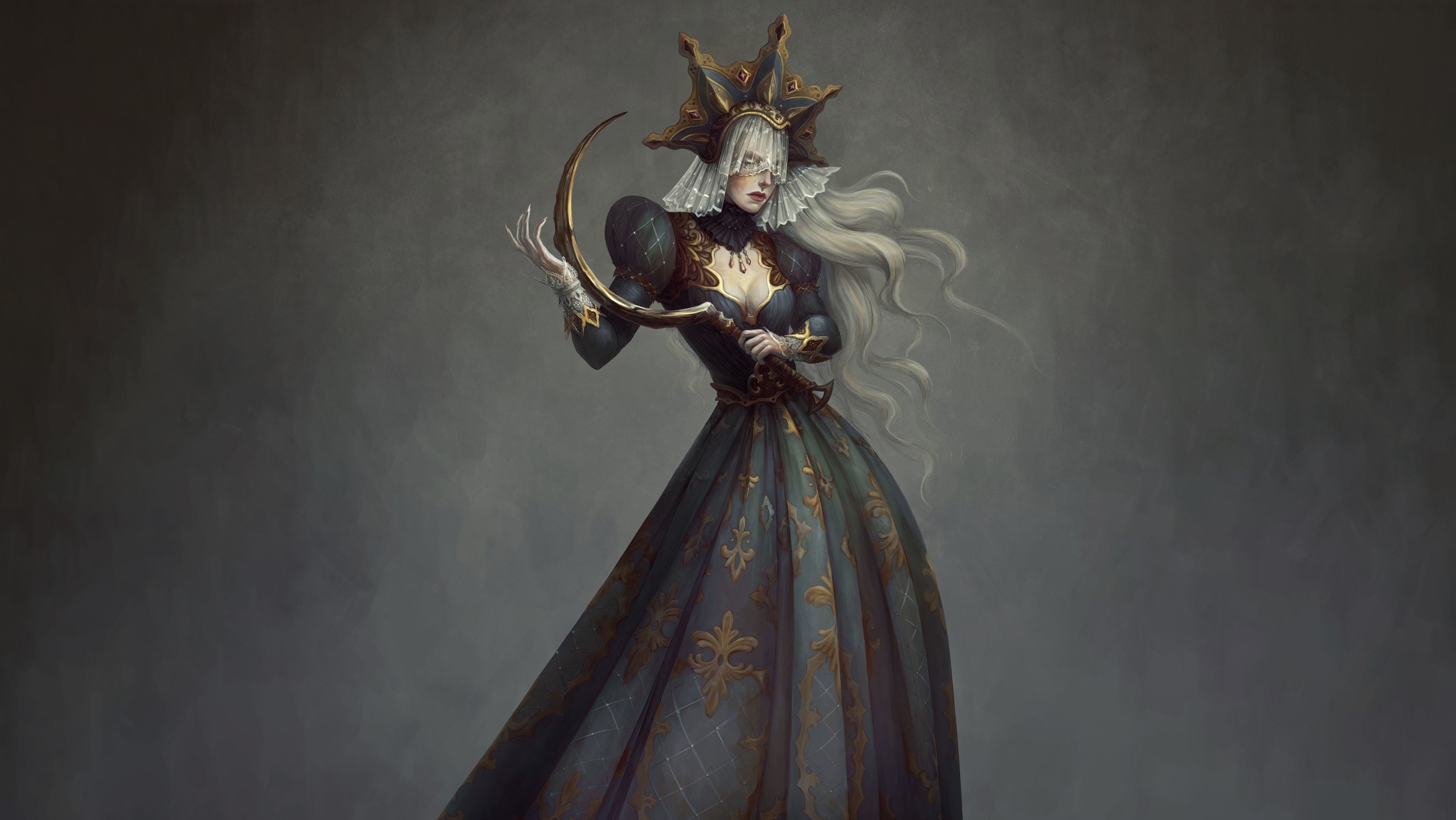 Fantasy girl with a scythe and ornate dress HD Wallpaper