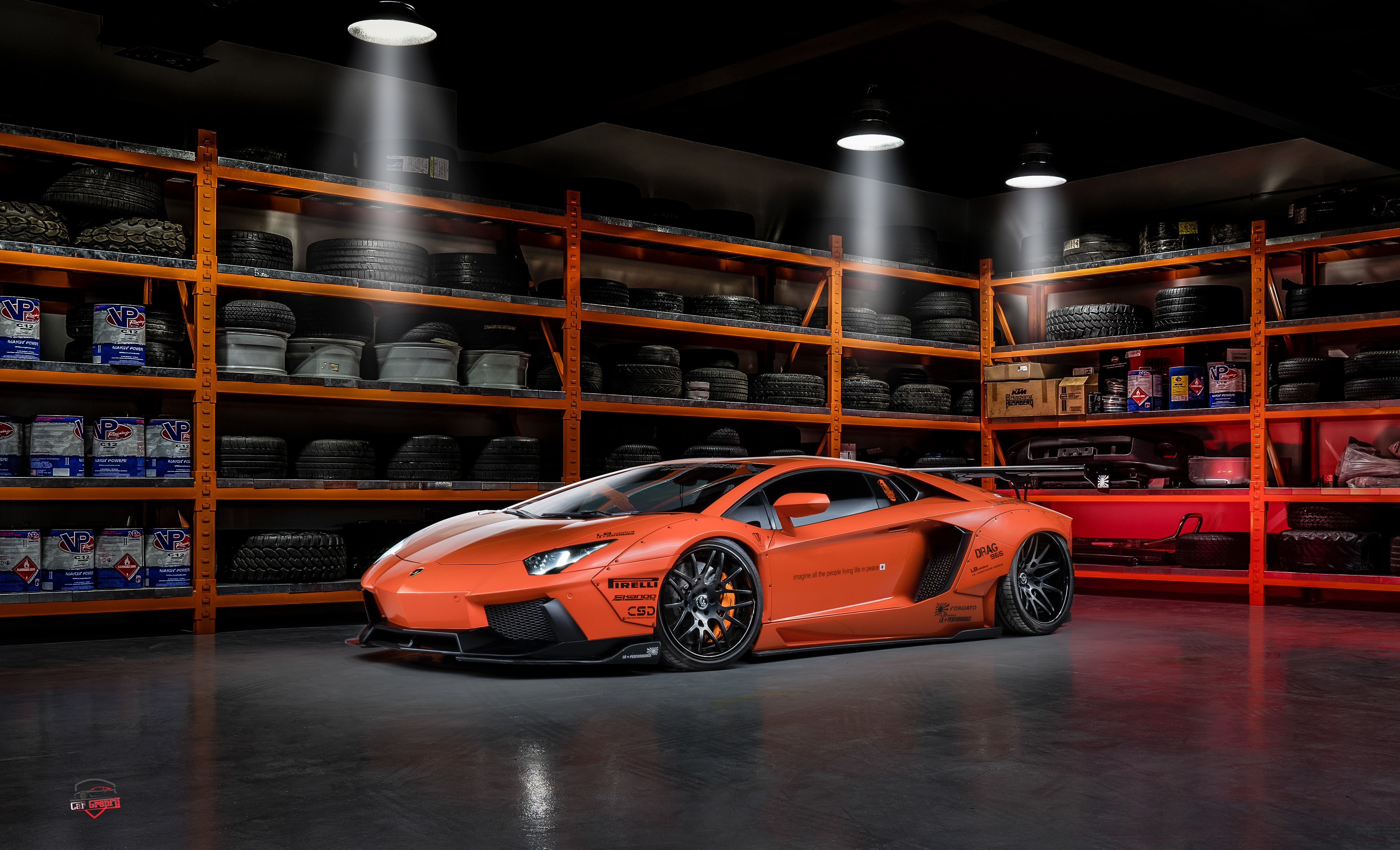 Orange Lamborghini Aventador with bolt-on fender flares HD Wallpaper