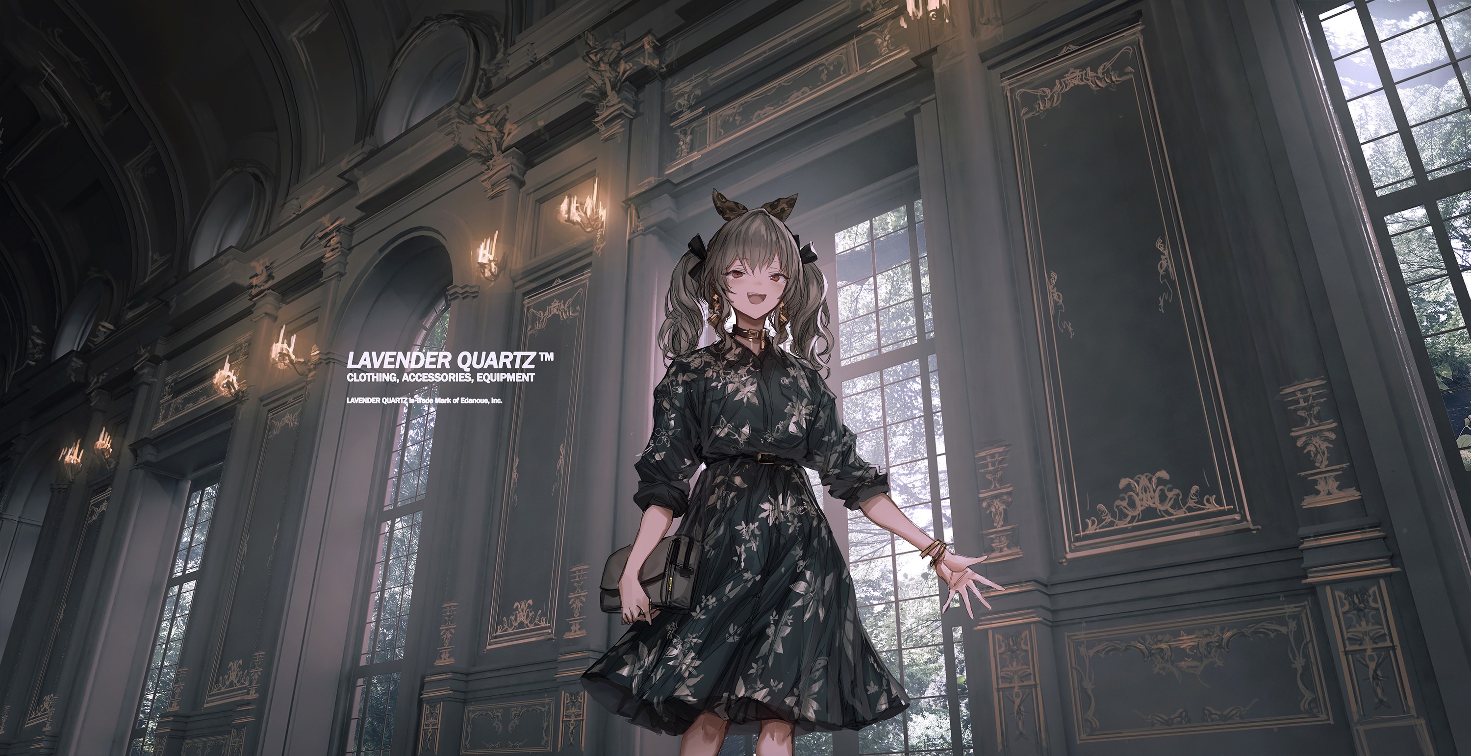 Anime girl in dress with purse in ornate room HD Wallpaper