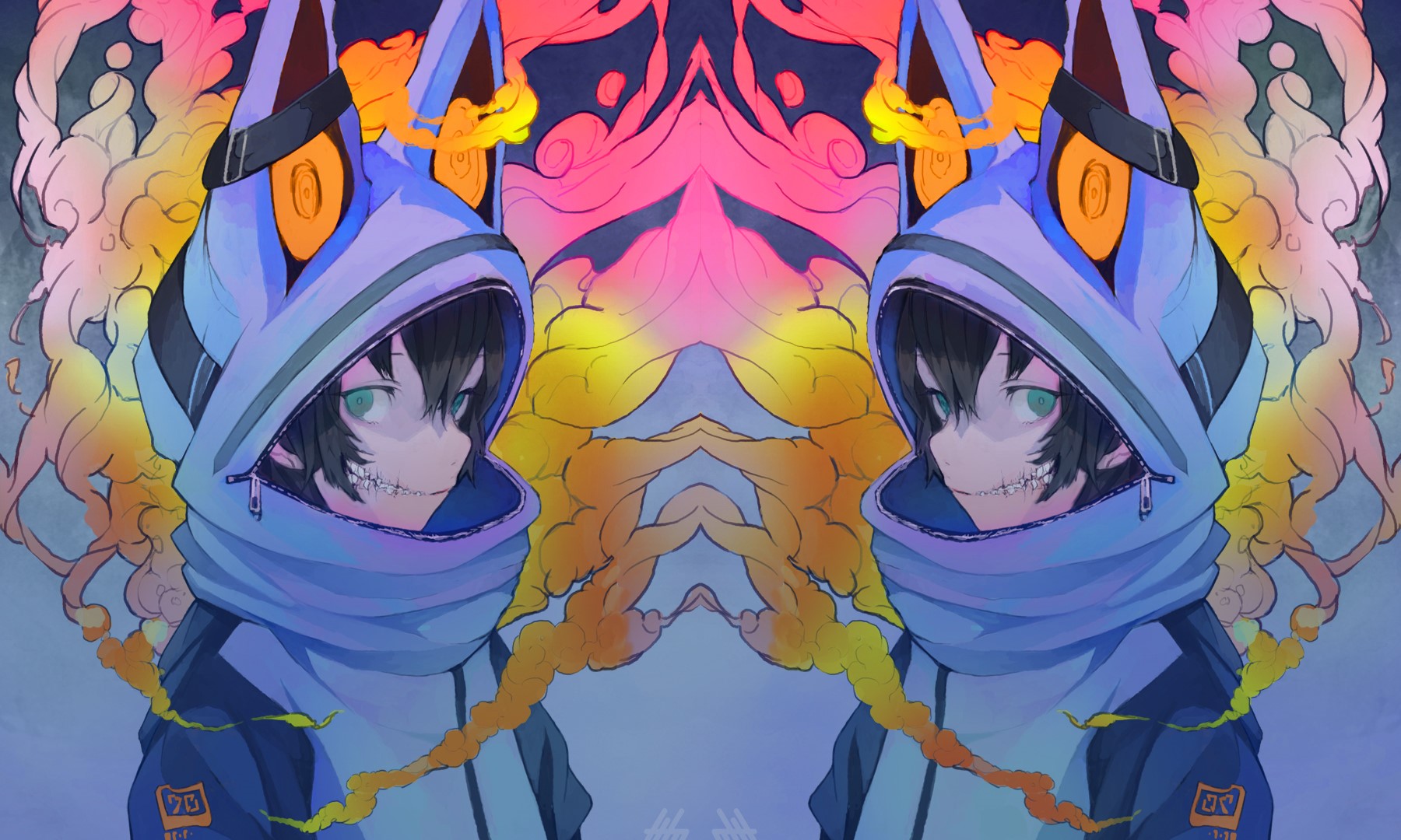 Anime characters with cat-like hoods and smoke HD Wallpaper