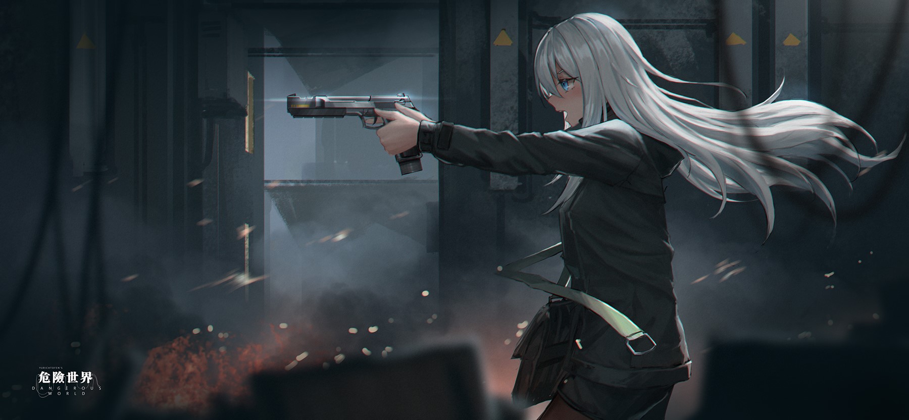 Anime girl with white hair holding a pistol HD Wallpaper