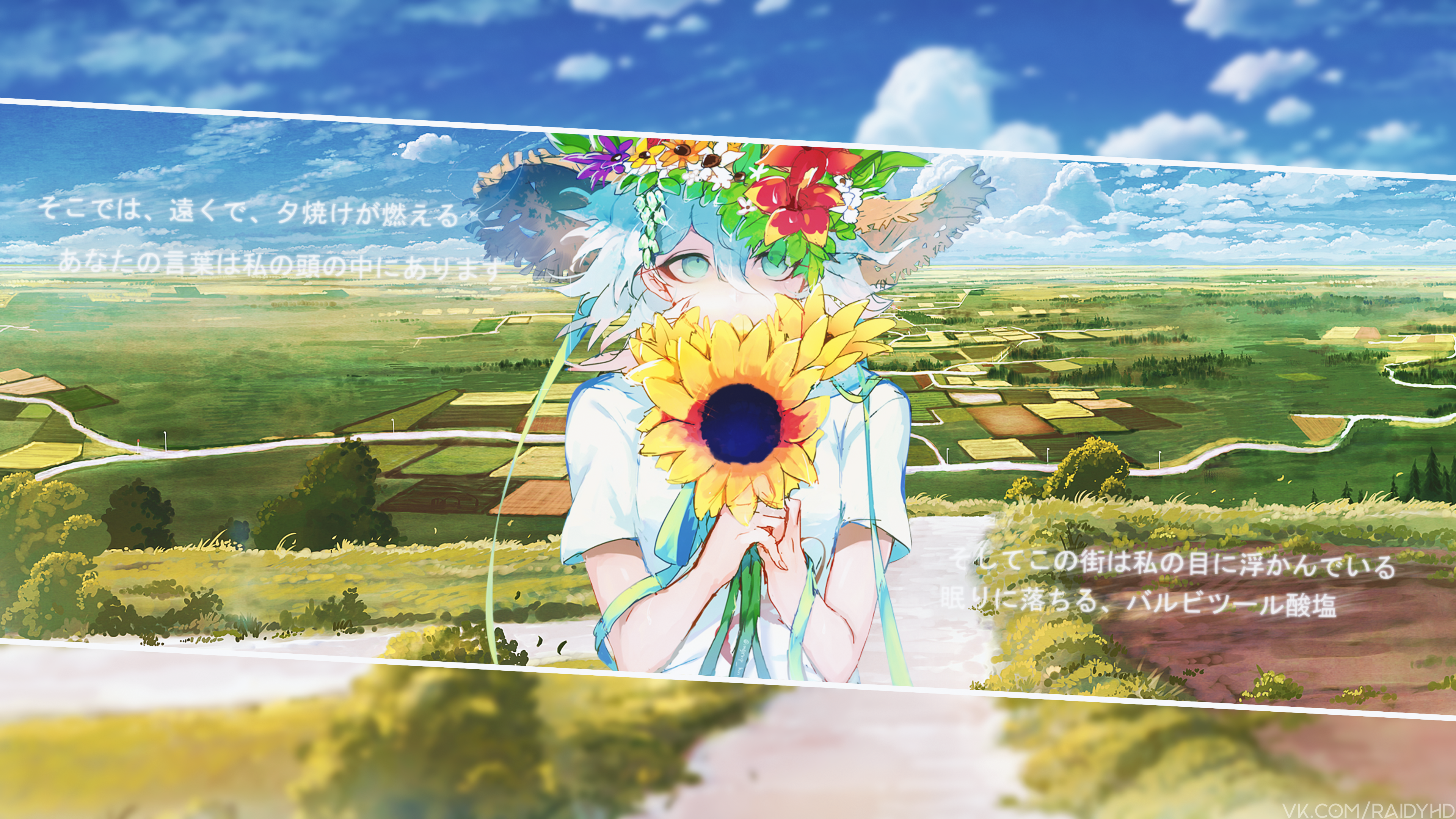 Anime girl with sunflower in field HD Wallpaper