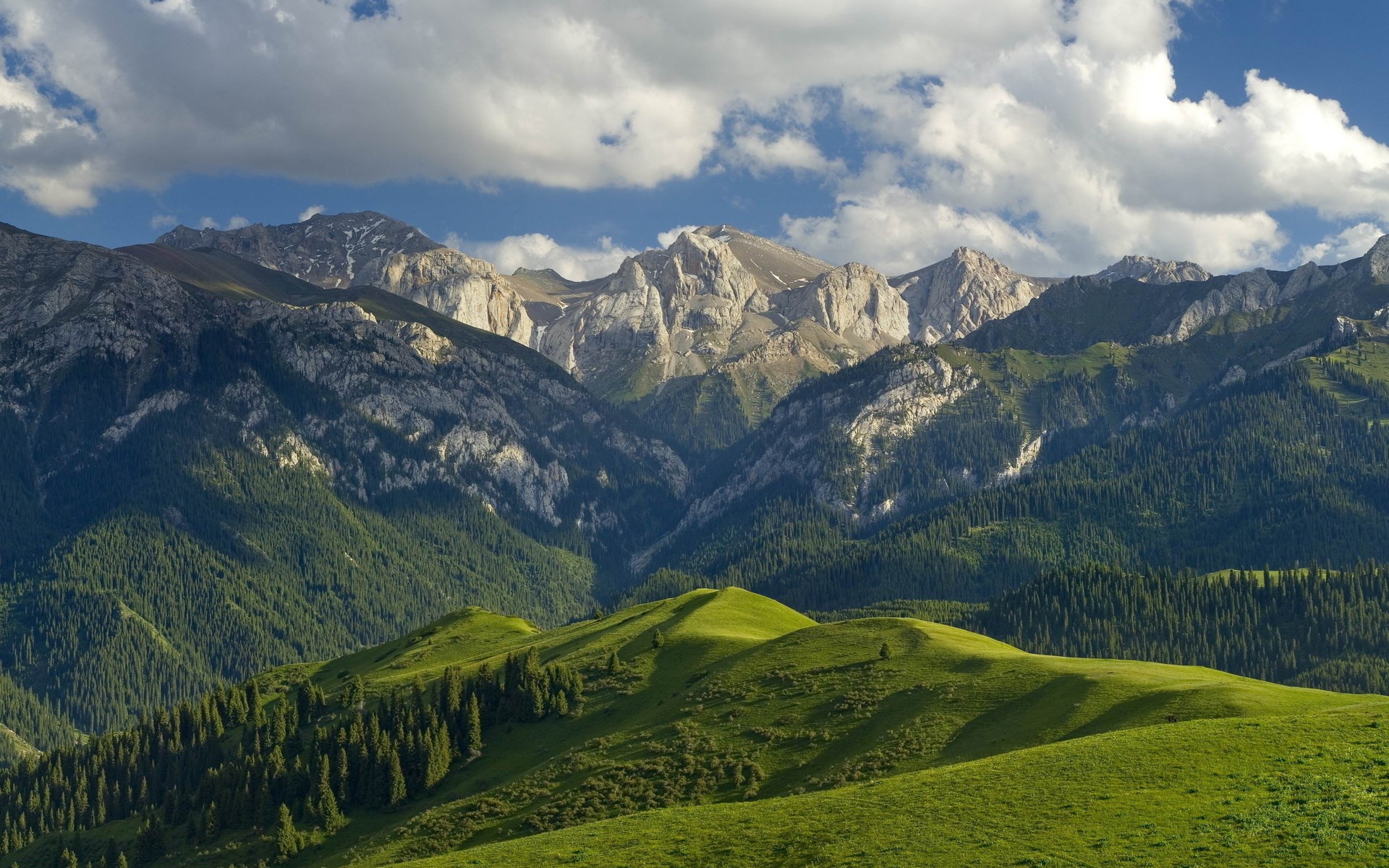 Green rolling hills and majestic mountains under a cloudy sky HD Wallpaper