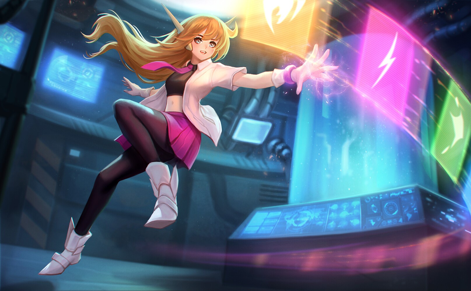 Anime girl with blonde hair in a futuristic lab HD Wallpaper