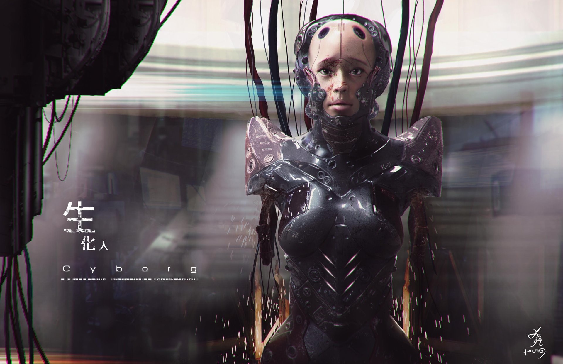 Cyborg with wires in a futuristic setting HD Wallpaper