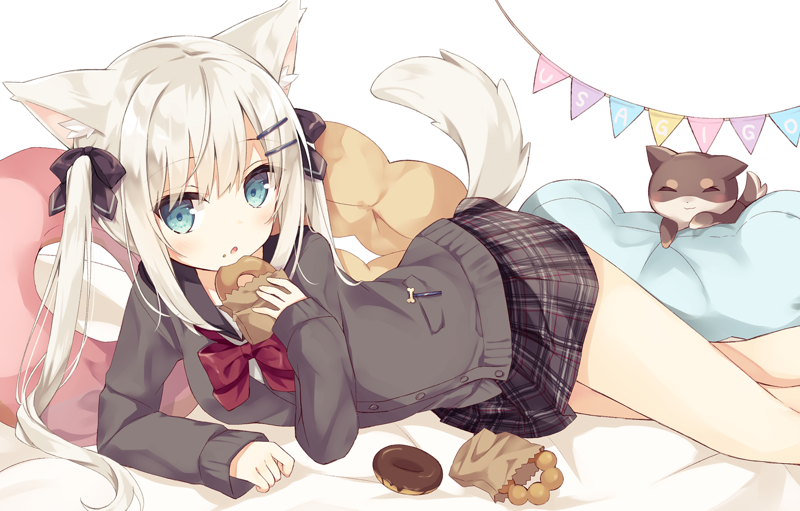 Anime girl with cat ears eating donuts HD Wallpaper