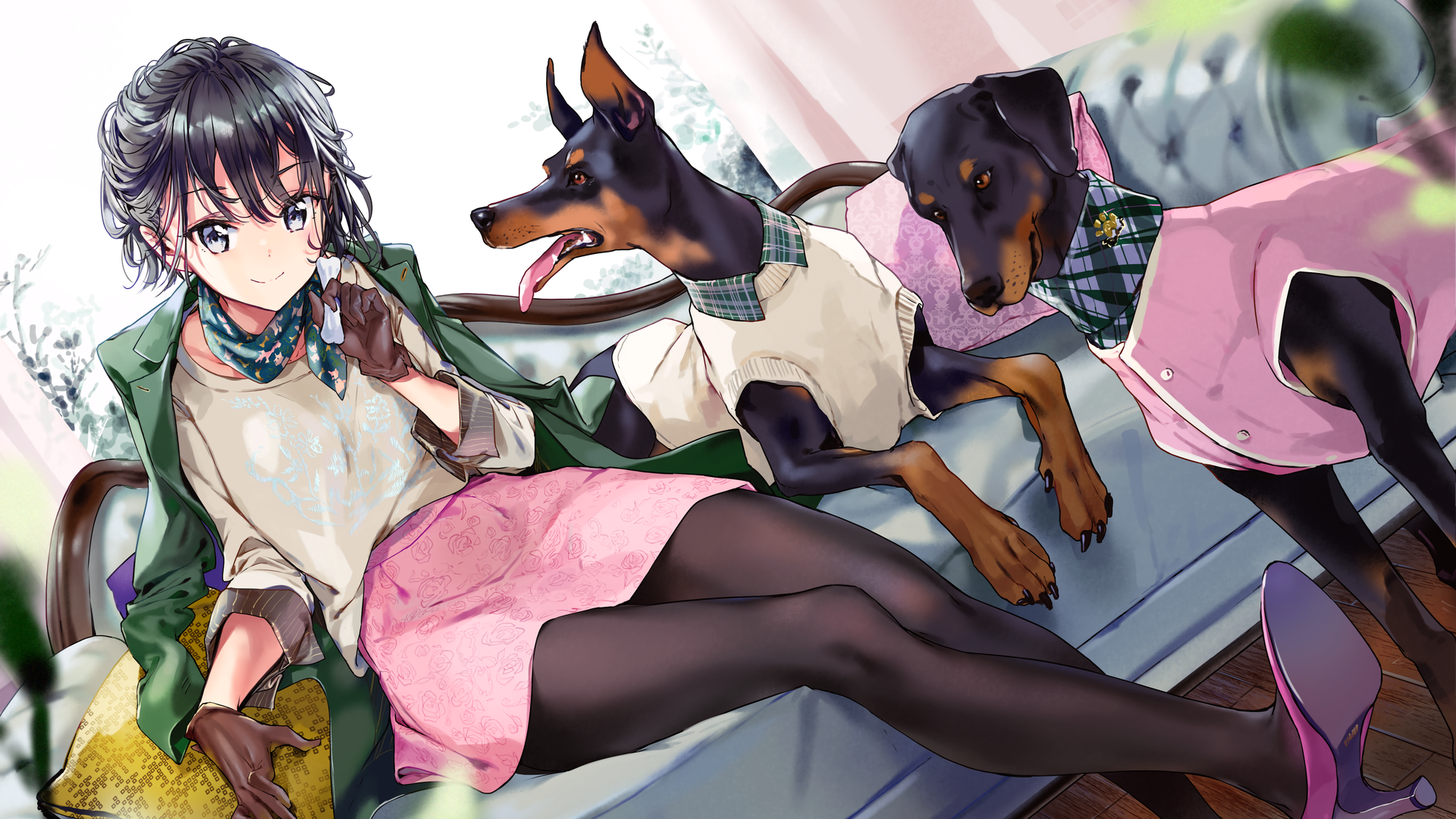 Anime girl with Doberman dogs on a couch HD Wallpaper