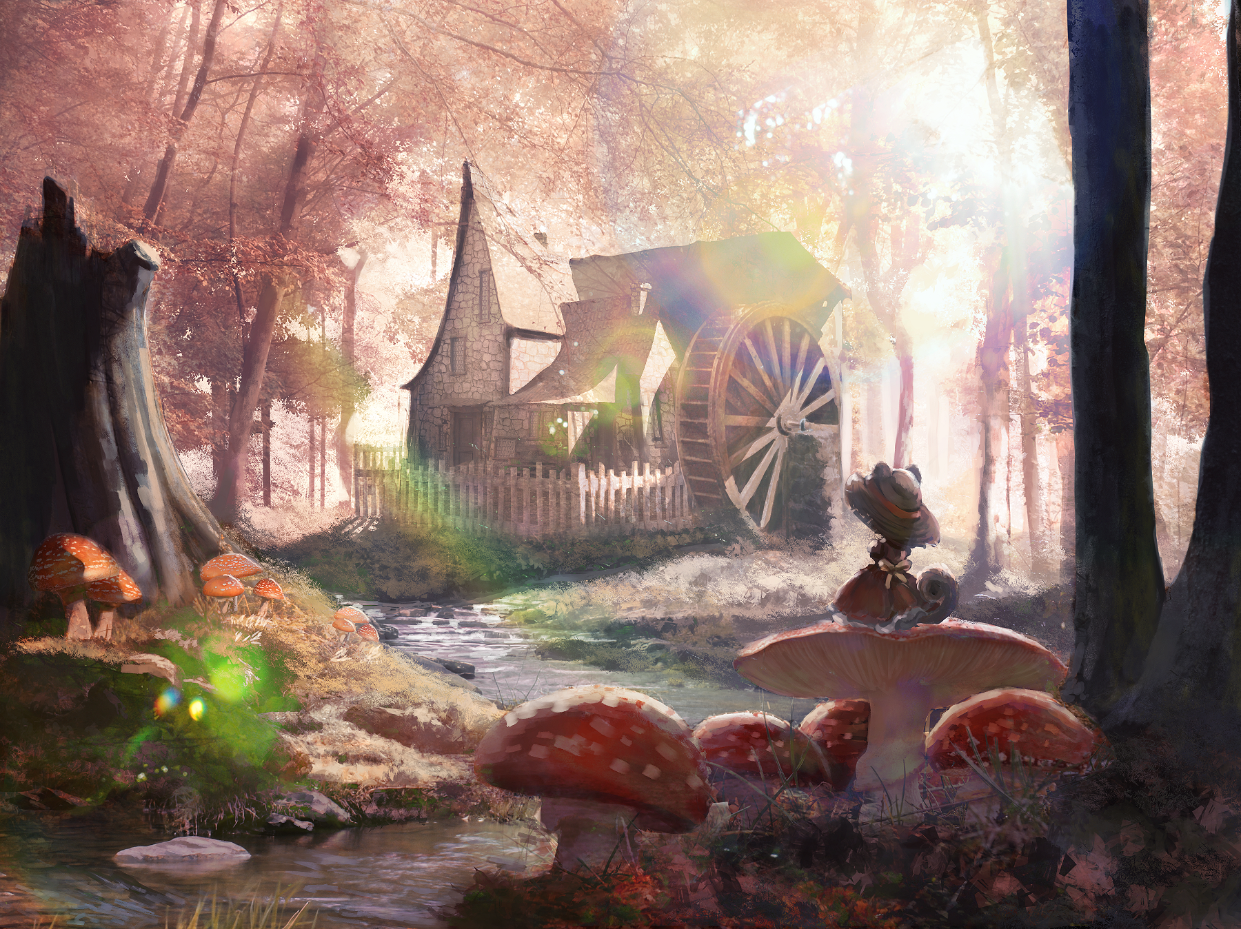 Fantasy forest with a watermill and a character on a mushroom HD Wallpaper