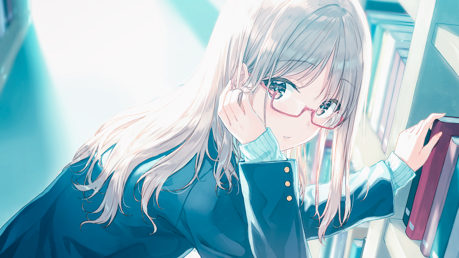 Anime girl with glasses in a library HD Wallpaper