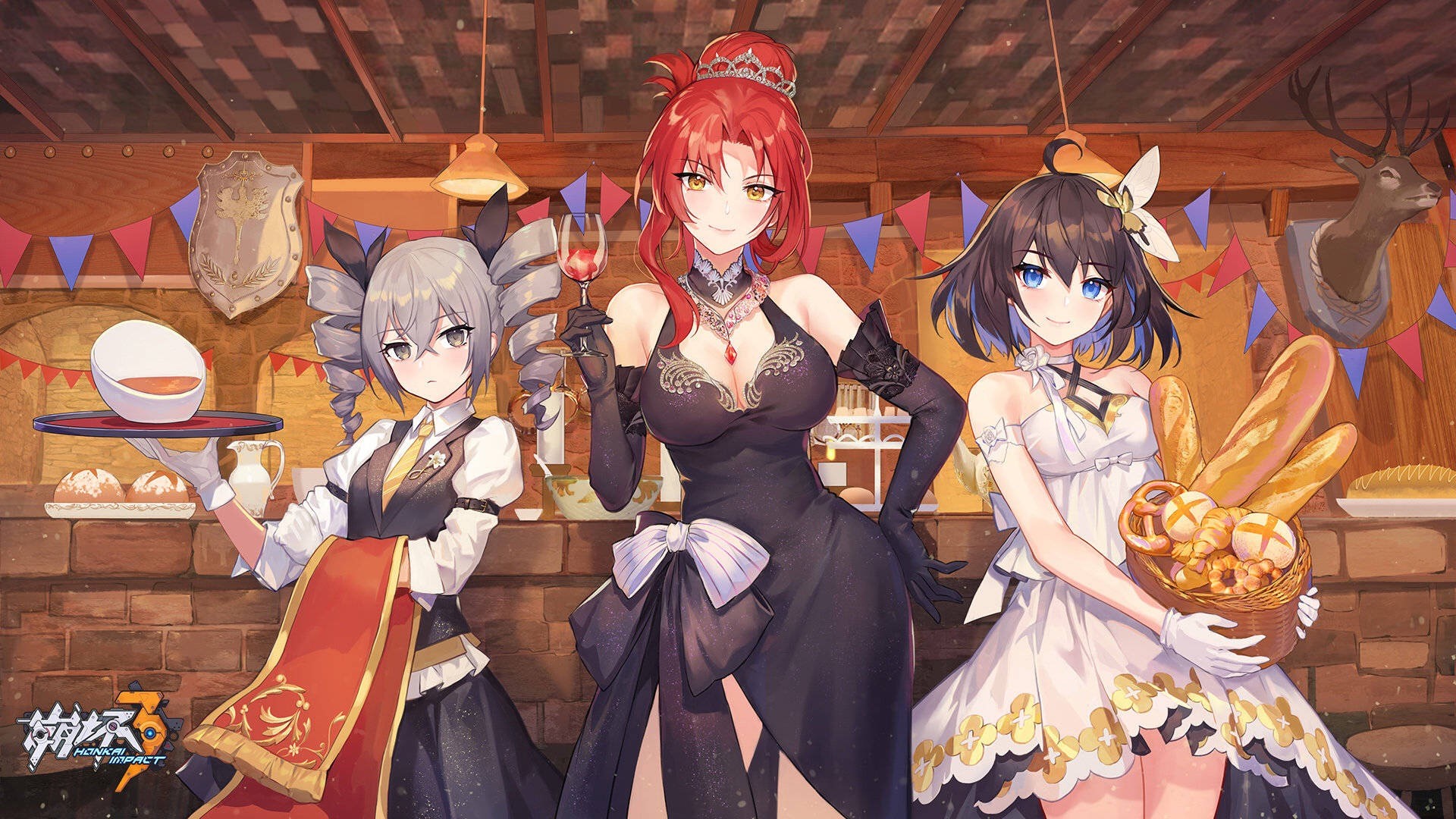 Group of women from Honkai Impact in a restaurant HD Wallpaper