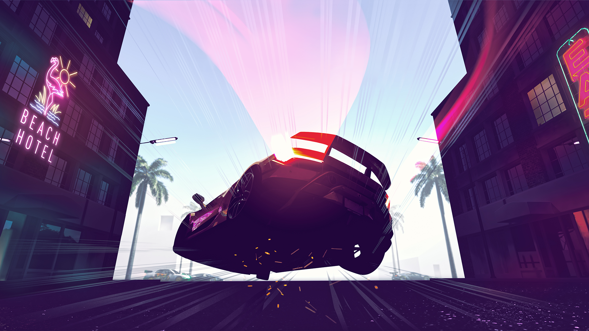 Car flipping in a neon city at night HD Wallpaper