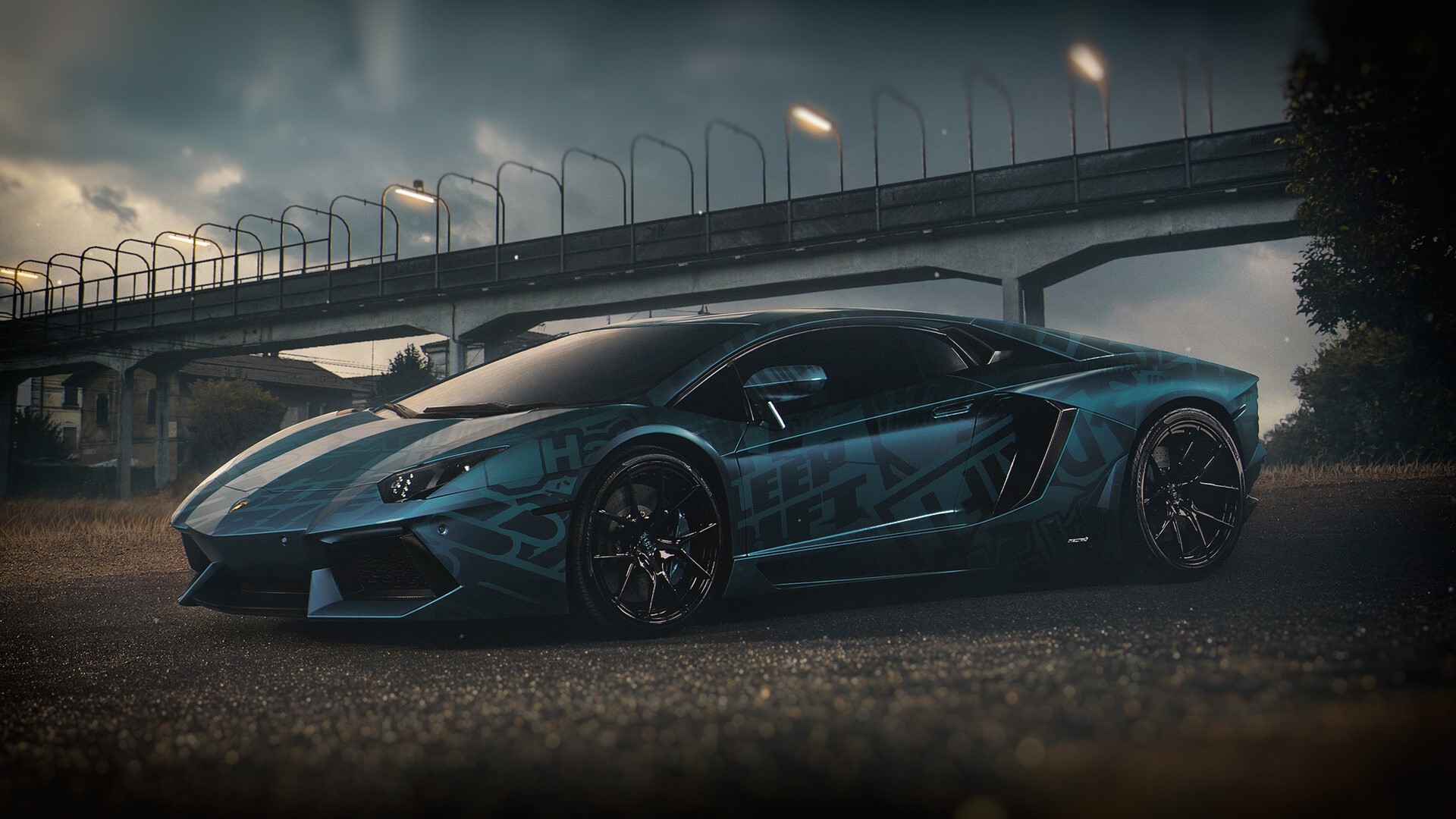 Blue Lamborghini Aventador with custom graphics HD Wallpaper