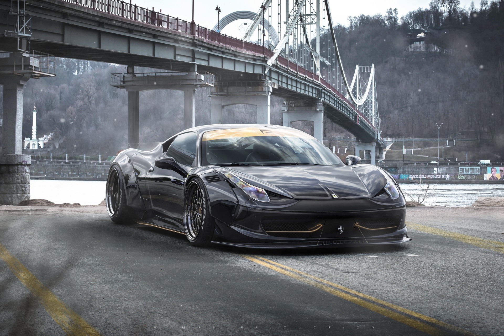 Black widebody Ferrari 458 Italia under a bridge HD Wallpaper