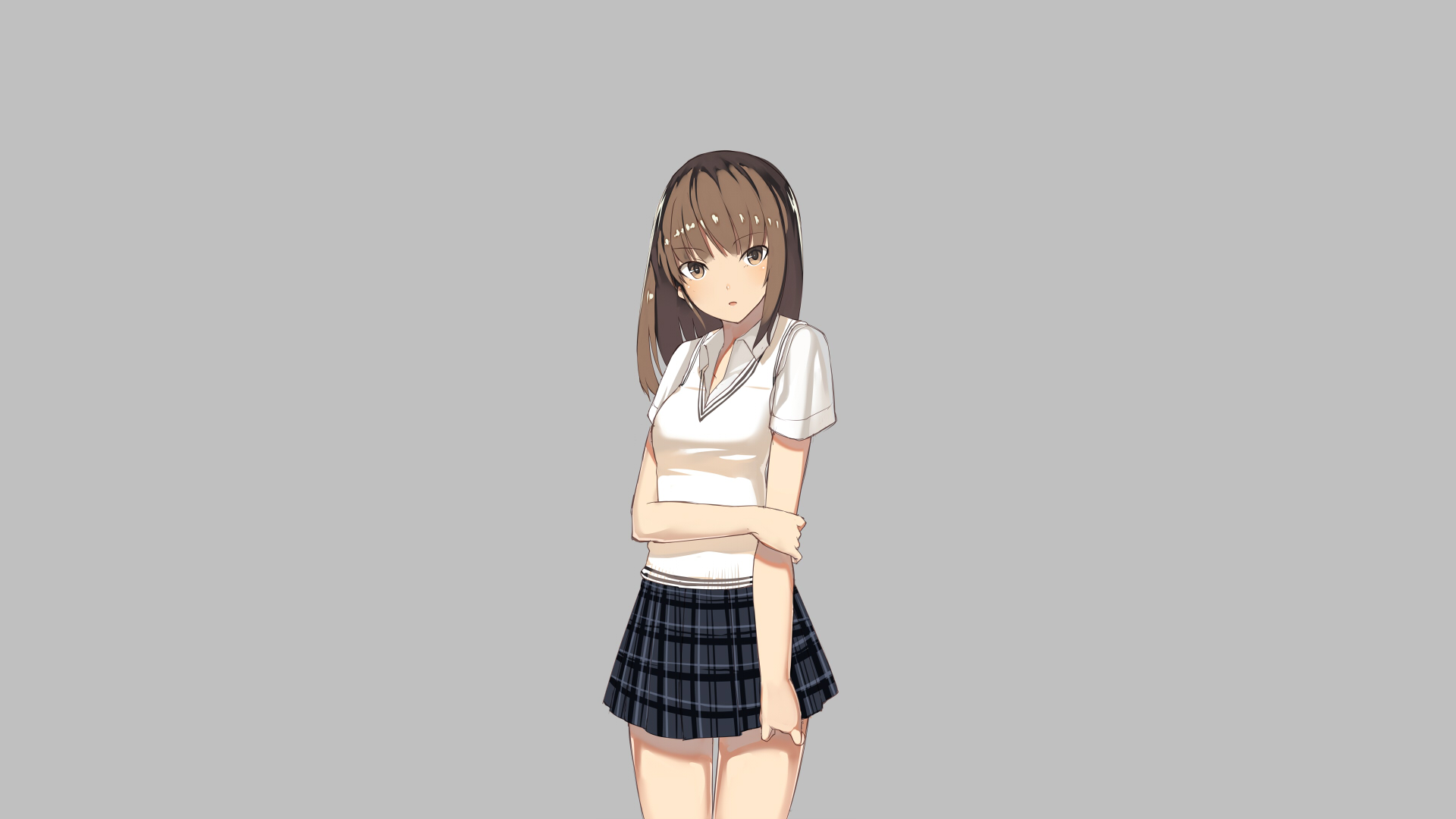 Anime girl in school uniform with plaid skirt HD Wallpaper