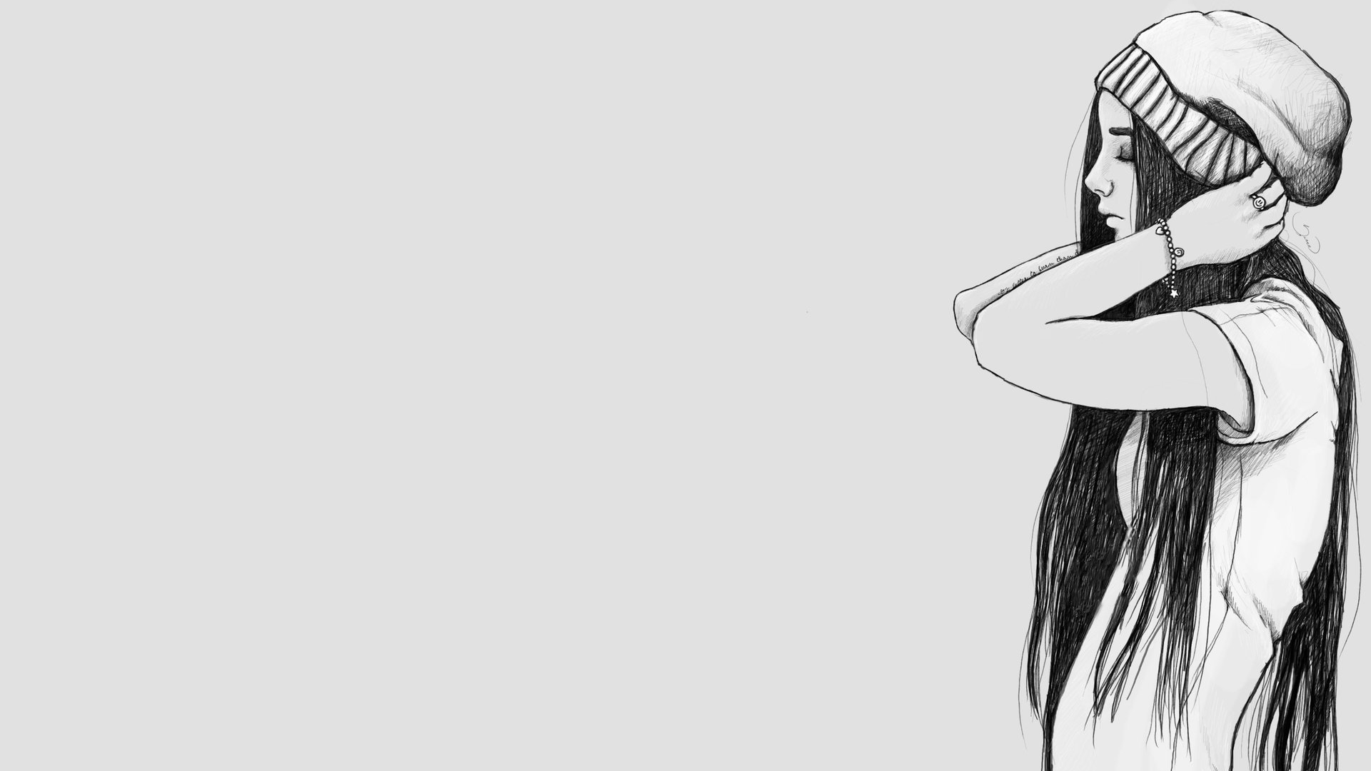 Girl wearing a beanie and t-shirt, monochrome sketch HD Wallpaper