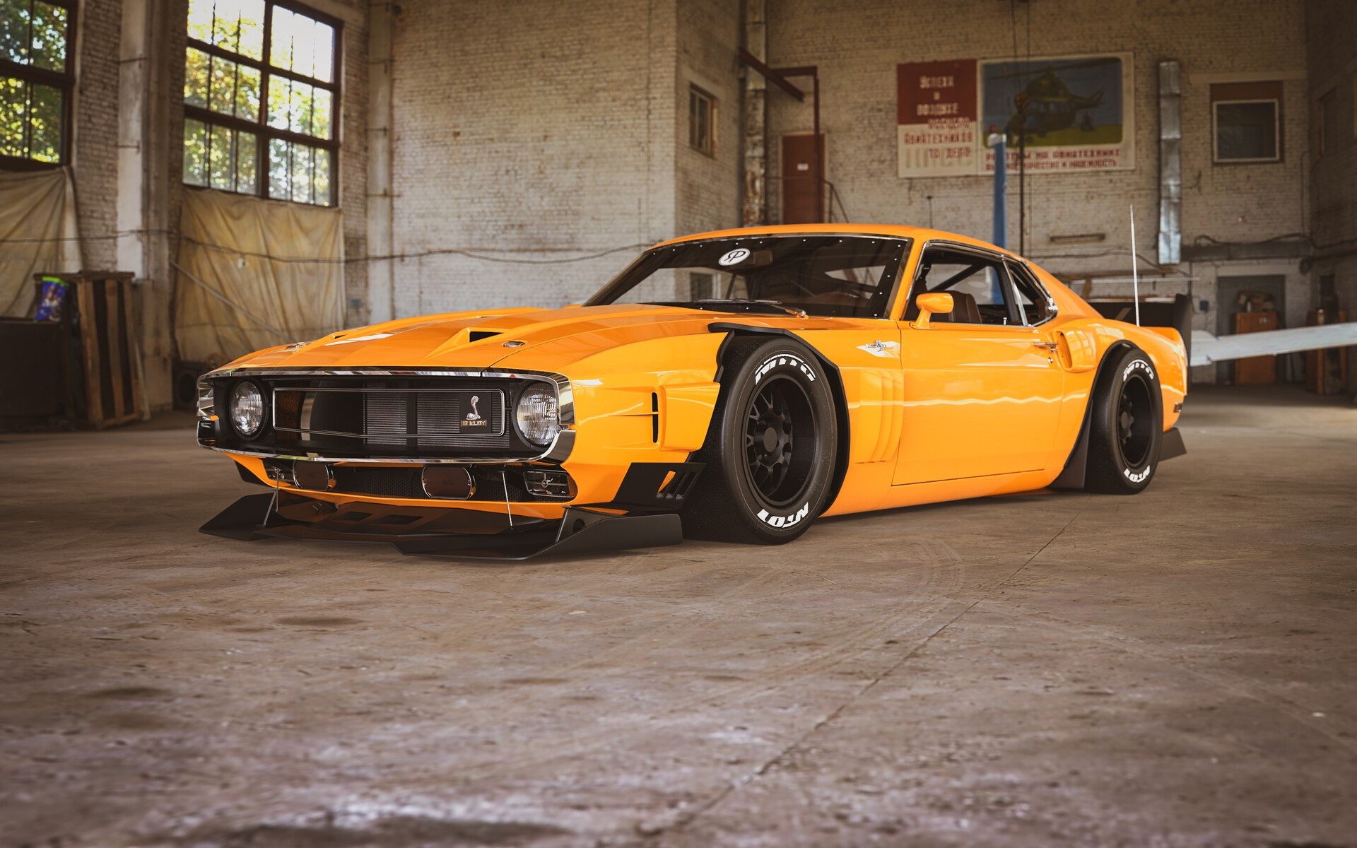 Orange widebody Ford Shelby Mustang in a garage HD Wallpaper