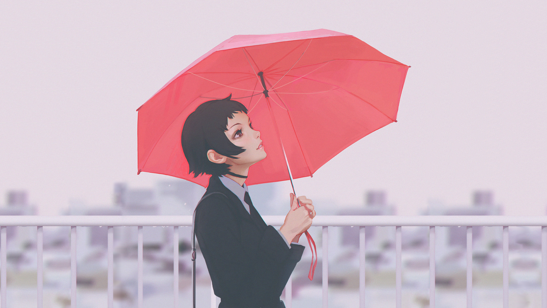 Woman with short hair holding a red umbrella HD Wallpaper