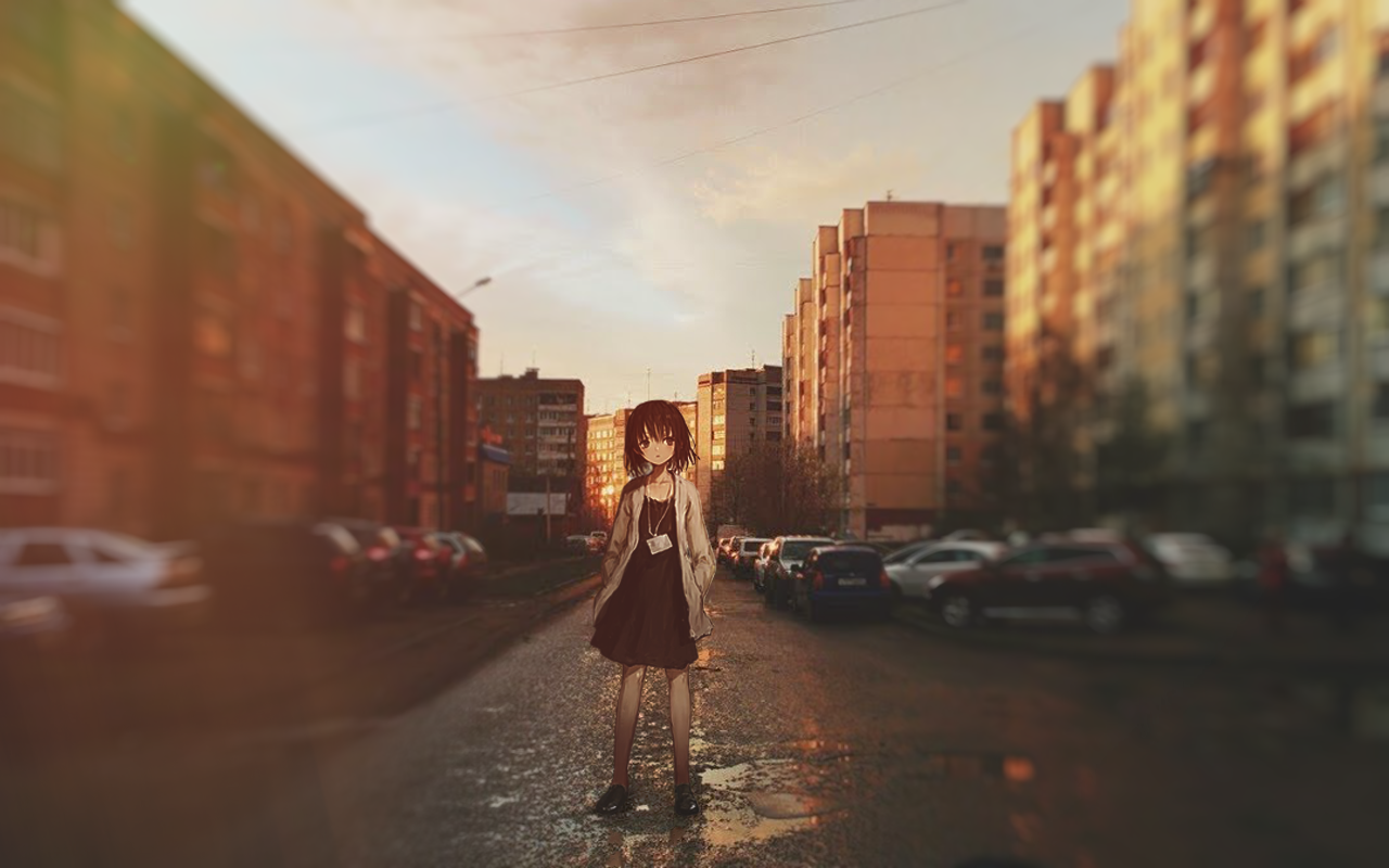Anime girl standing in a street at sunset HD Wallpaper