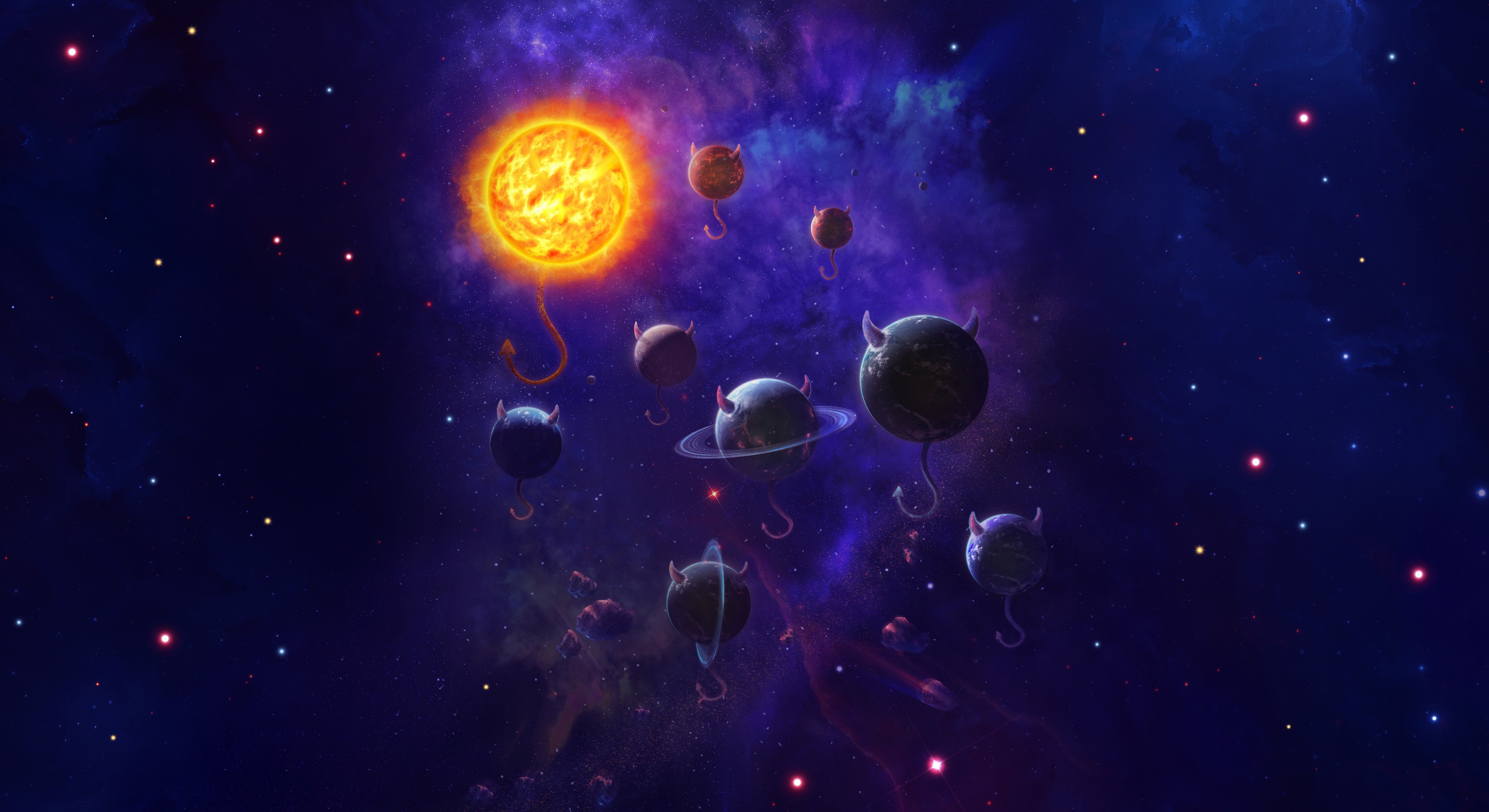 Sun and devil planets in space art HD Wallpaper