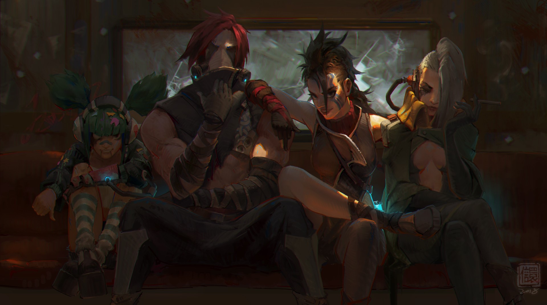 Four characters sitting on a couch HD Wallpaper