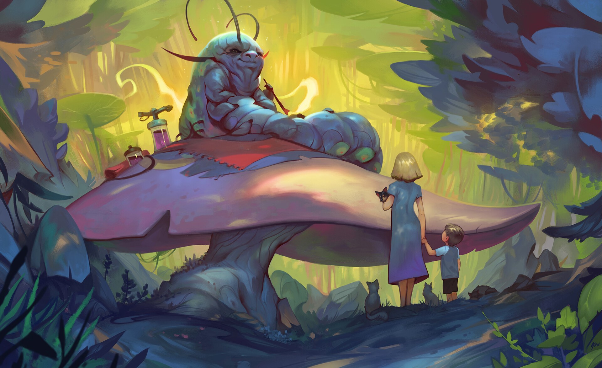 Caterpillar on a mushroom with children in a forest HD Wallpaper