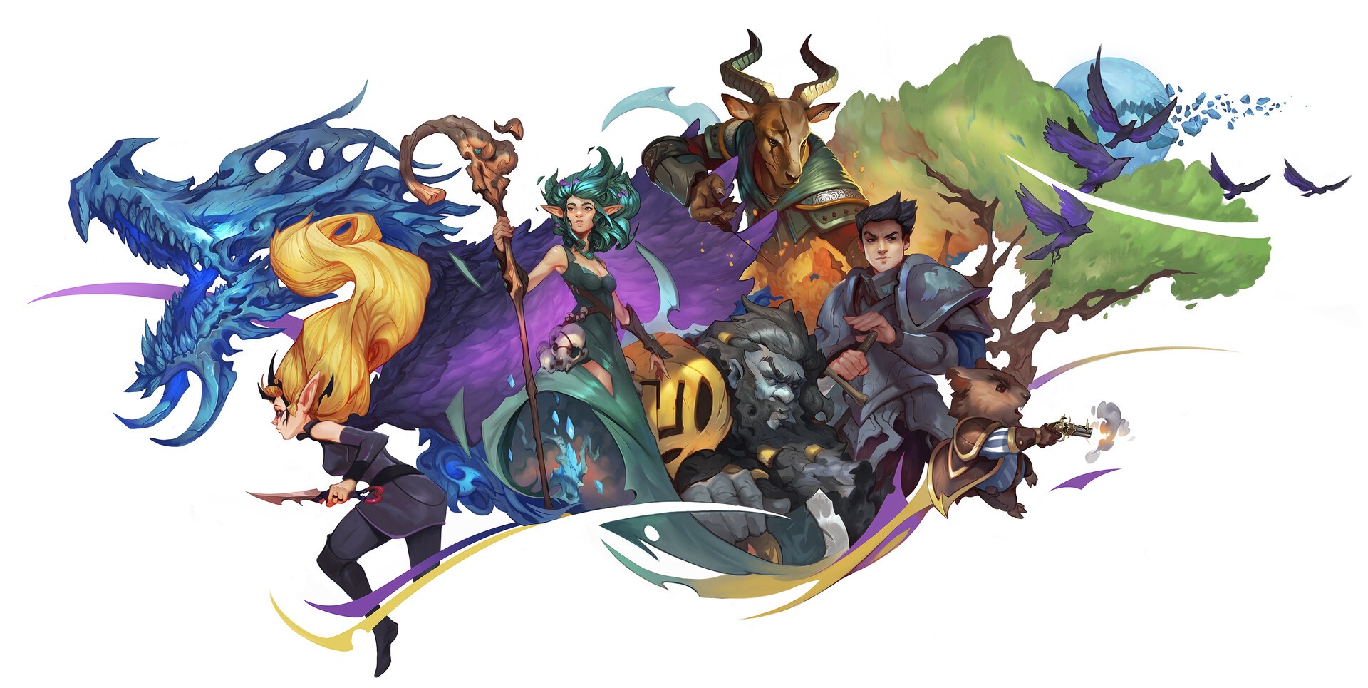 Fantasy characters and creatures in a stylized landscape HD Wallpaper