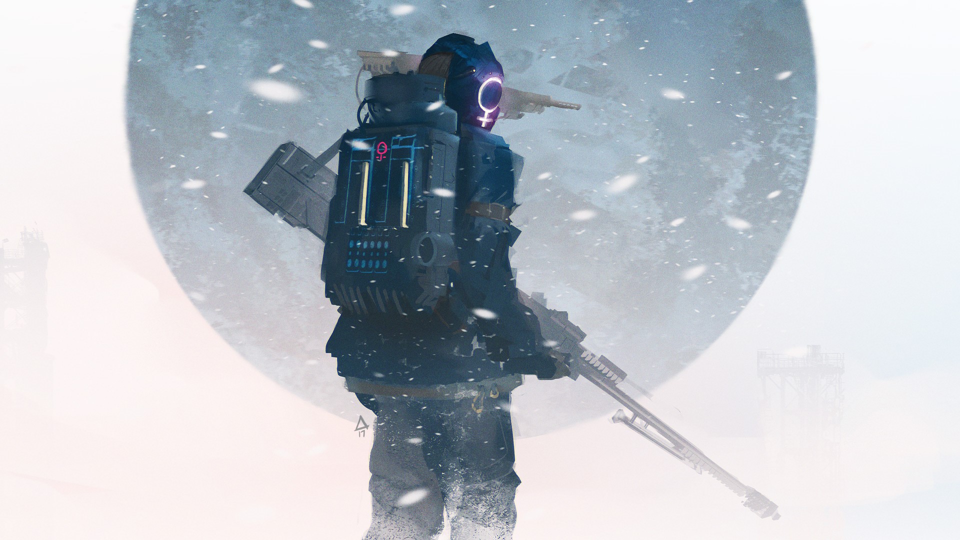 Astronaut with rifle in snowstorm HD Wallpaper