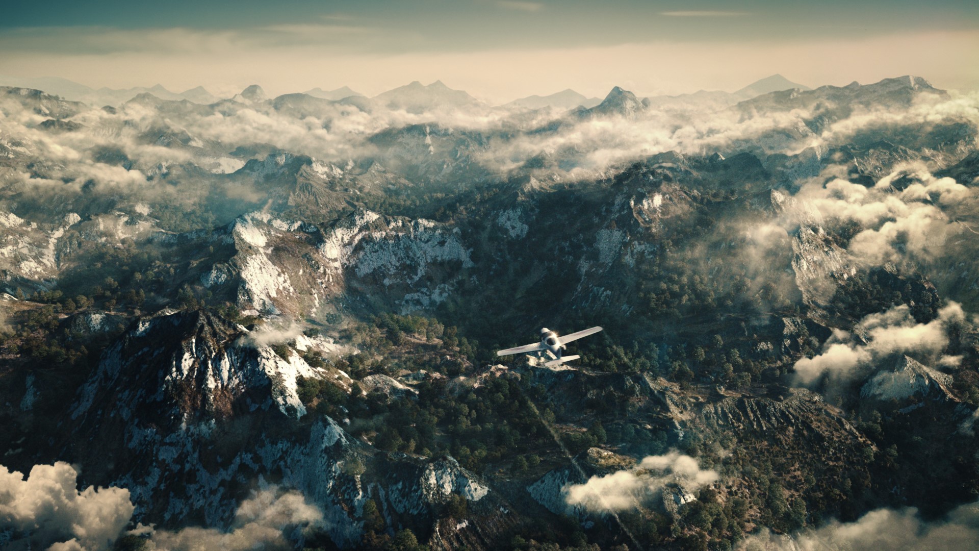 Airplane flying over misty mountains and forests HD Wallpaper