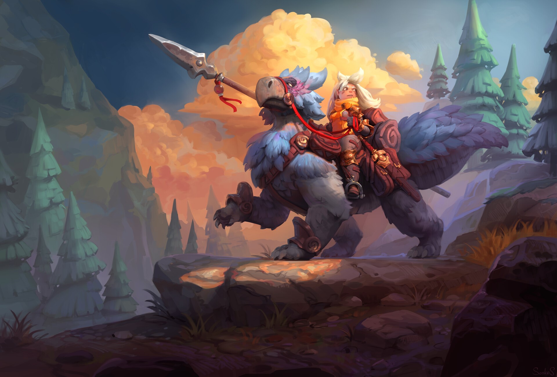 Girl riding a blue bird-like creature with a spear HD Wallpaper