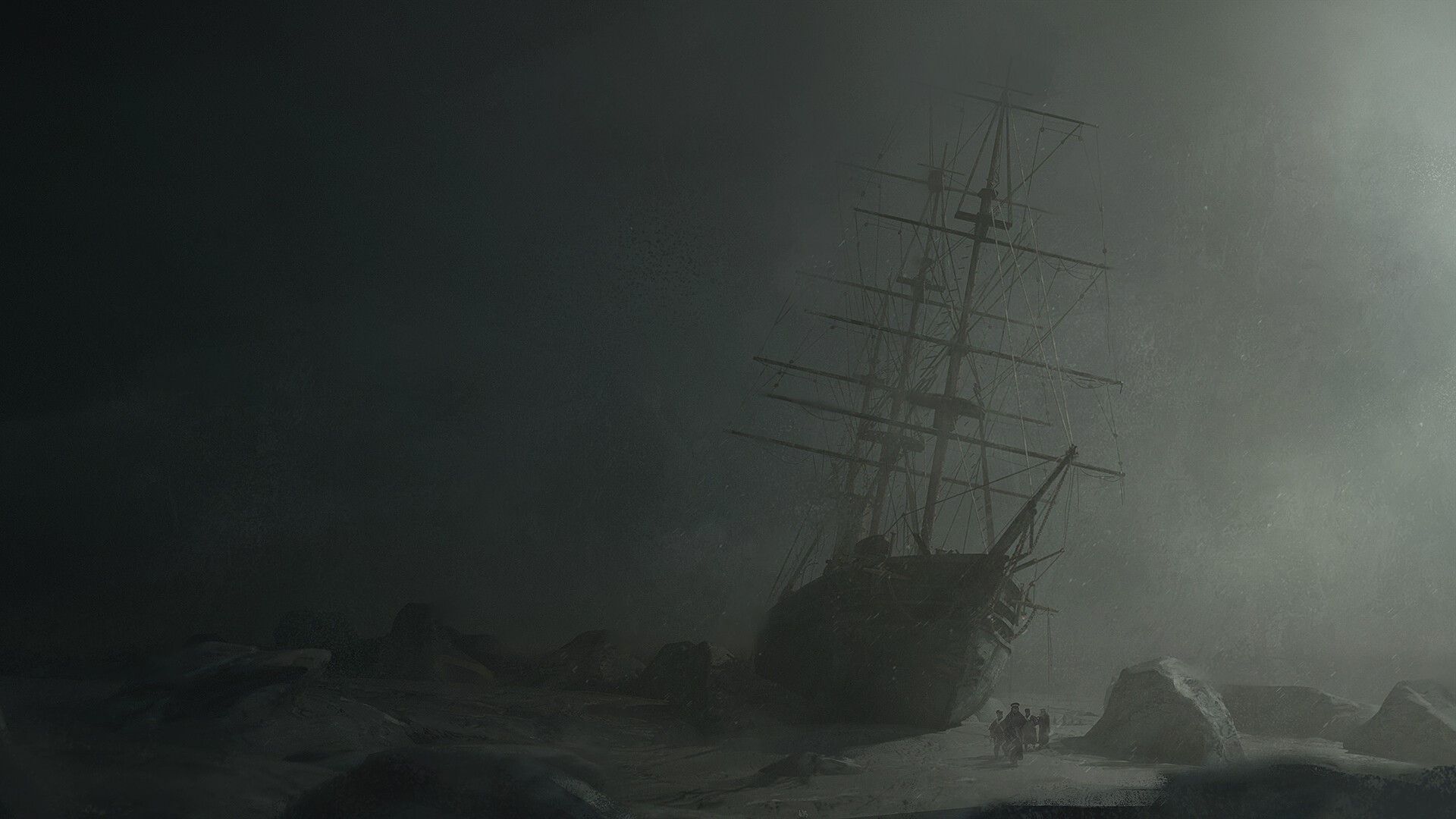 Shipwreck in a foggy environment, concept art HD Wallpaper