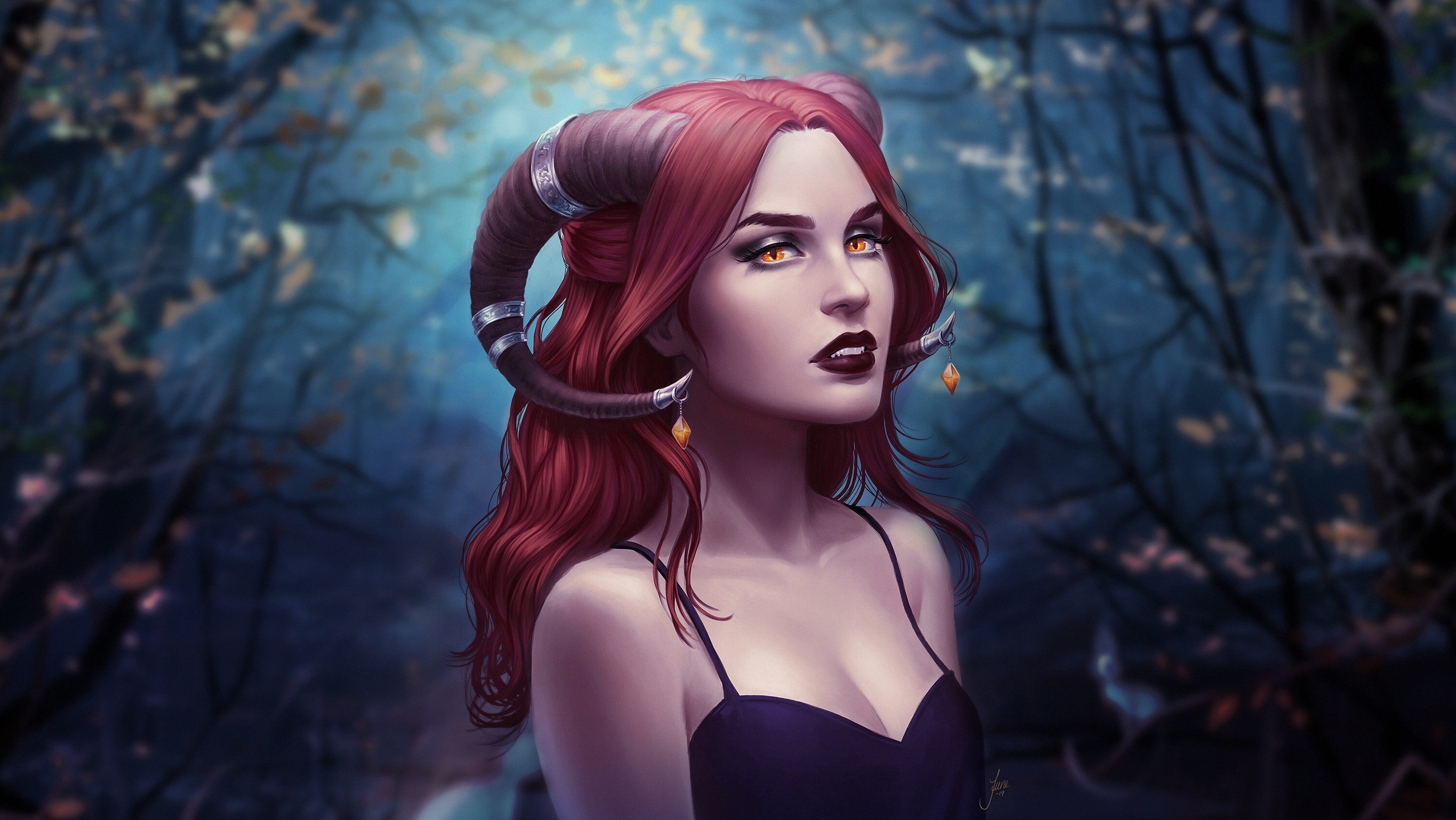 Fantasy artwork of a redhead woman with horns and yellow eyes HD Wallpaper