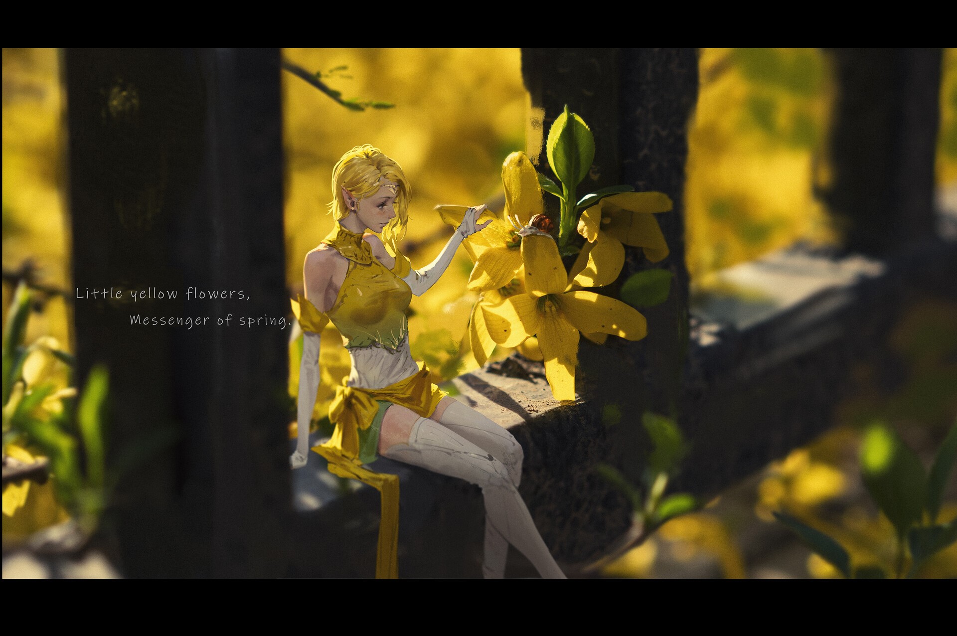Anime girl with yellow flowers, messenger of spring HD Wallpaper